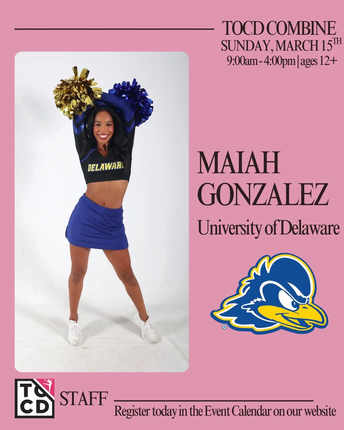 TOCD Combine Faculty Announcement - Maiah Gonzalez ✨🔥 

Maiah is a Senior at the University of Delaware, majoring in Communication and minoring in Spanish. Maiah has been a member of their D1A Dance Team for four years! 💙💛