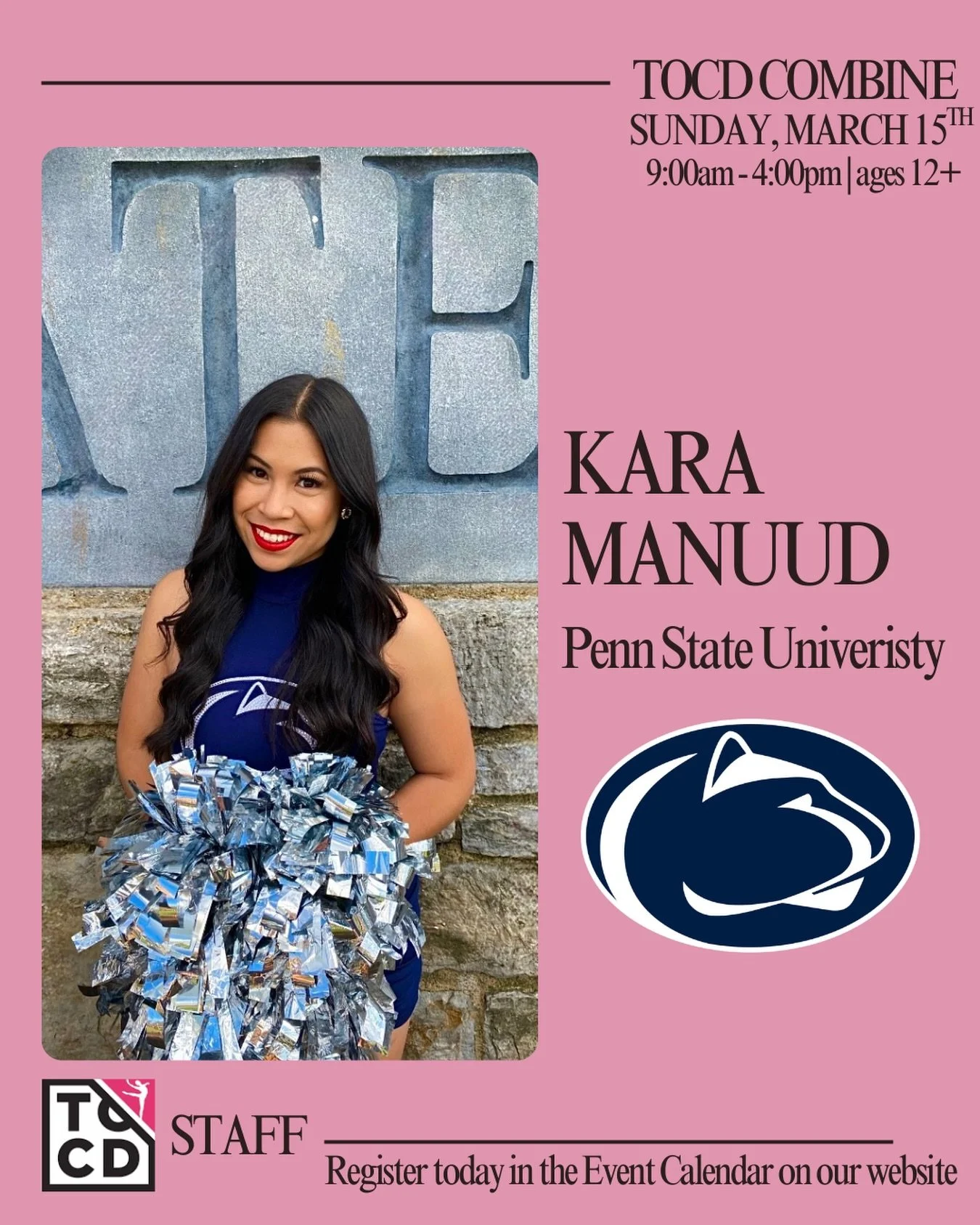 TOCD Combine Faculty Announcement - Kara Manuud ✨🔥 

Kara is a choreographer, mentor, coach, and former collegiate dancer &amp; captain of the Penn State Lionettes Dance Team. She specializes in several styles including jazz, pom, hip hop, and gamed