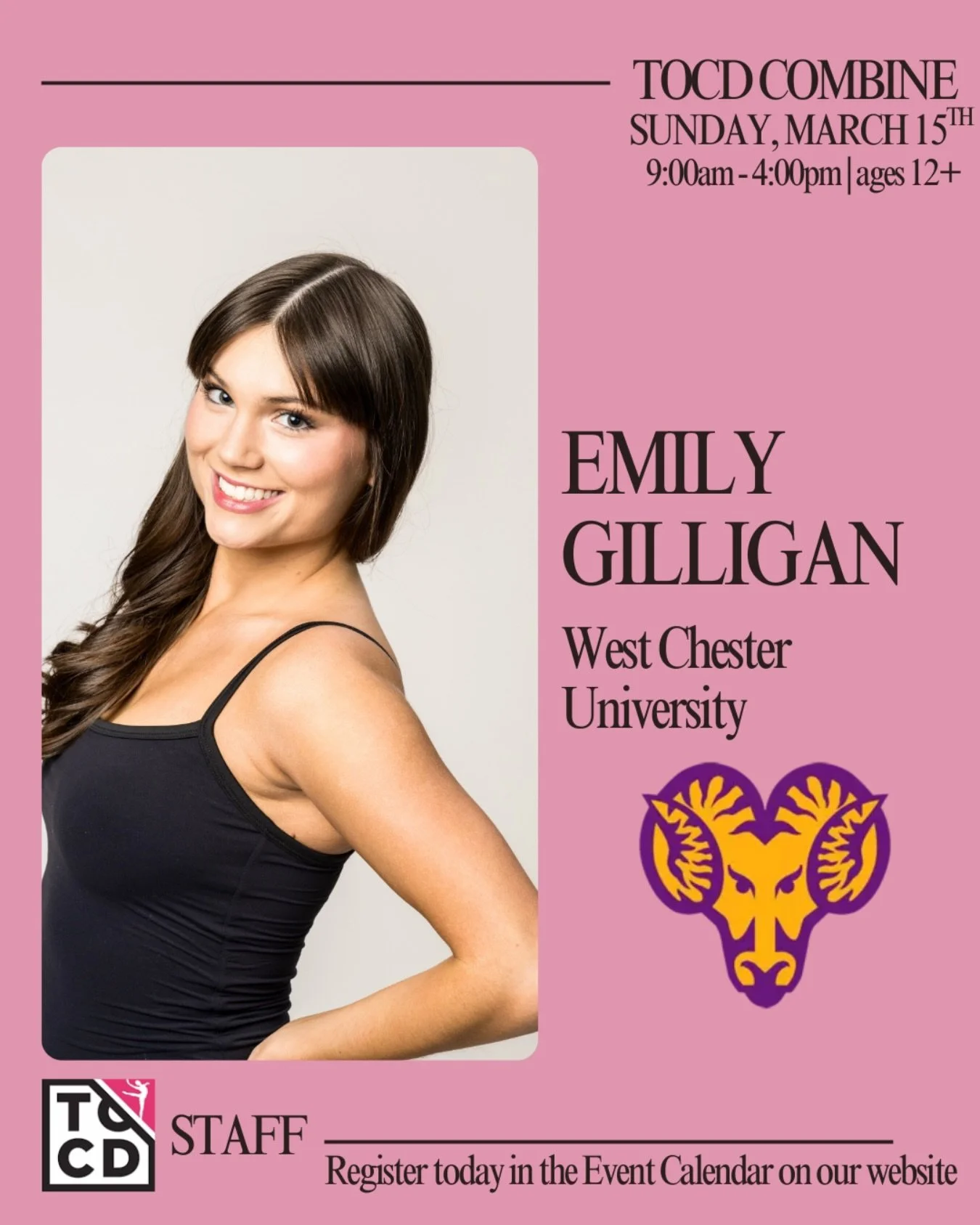 TOCD Combine Faculty Announcement - Emily Gilligan ✨🔥 

Emily is a former captain and alumna of the West Chester University Dance Team. She achieved a Universal Dance Association (UDA) Hip-Hop National Championship with WCUDT in 2022. Her teaching a