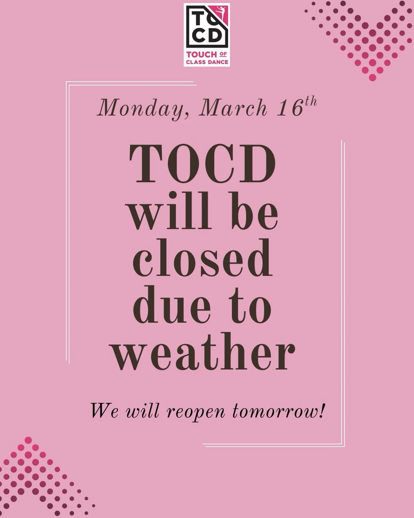Out of an abundance of caution, and due&nbsp;to the current weather forecast and both Delaware and Chester County being under a&nbsp;tornado watch and&nbsp;severe wind advisory, TOCD will be closed today - Monday, March 16th.&nbsp;

This is to ensure