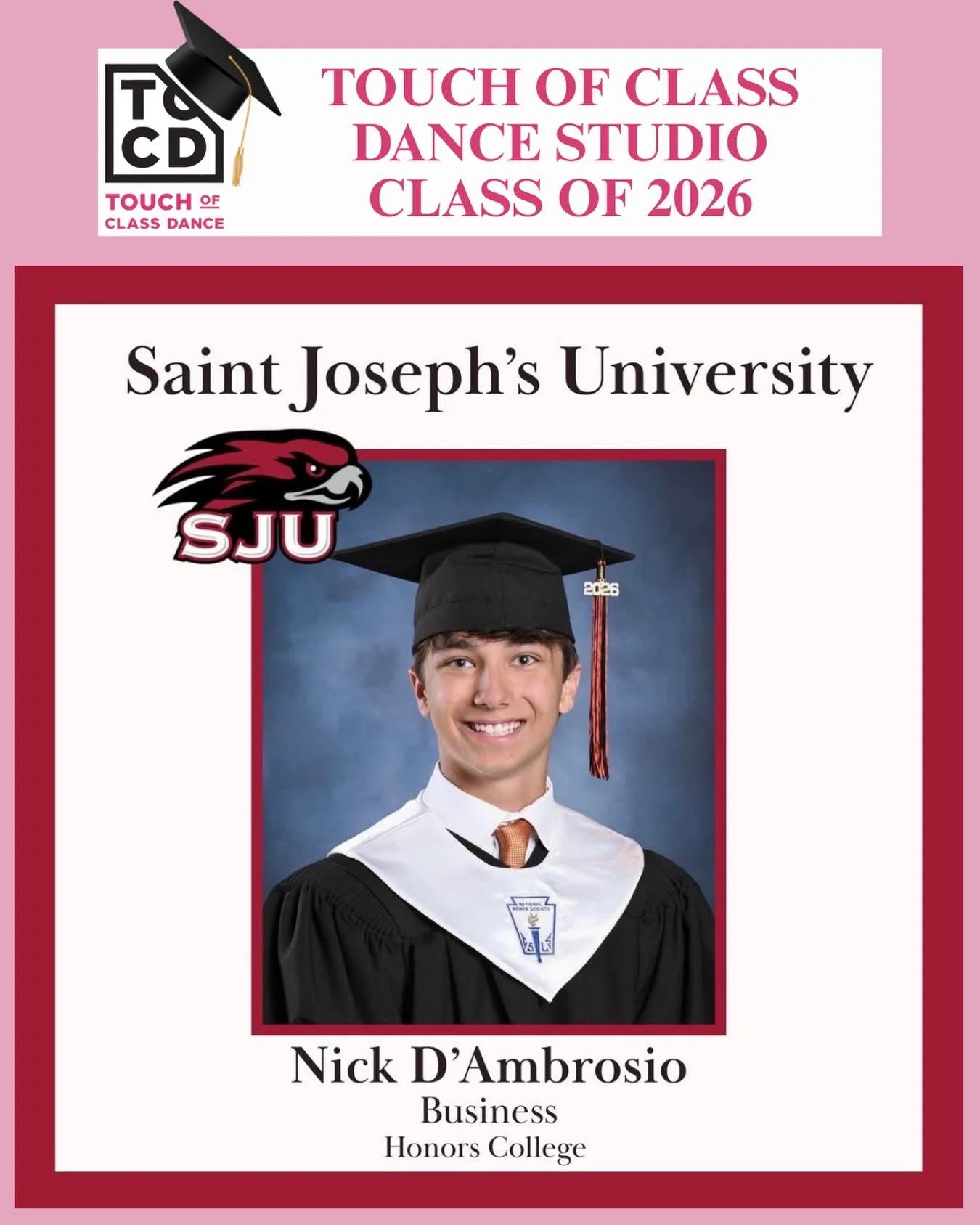 ✨ Senior Spotlight: Nicholas D&rsquo;Ambrosio ✨

We are so proud to celebrate Nick as he takes his next big step! After 11 incredible years dancing with us, Nick is heading to Saint Joseph&rsquo;s University, where he&rsquo;ll be part of the Honors C