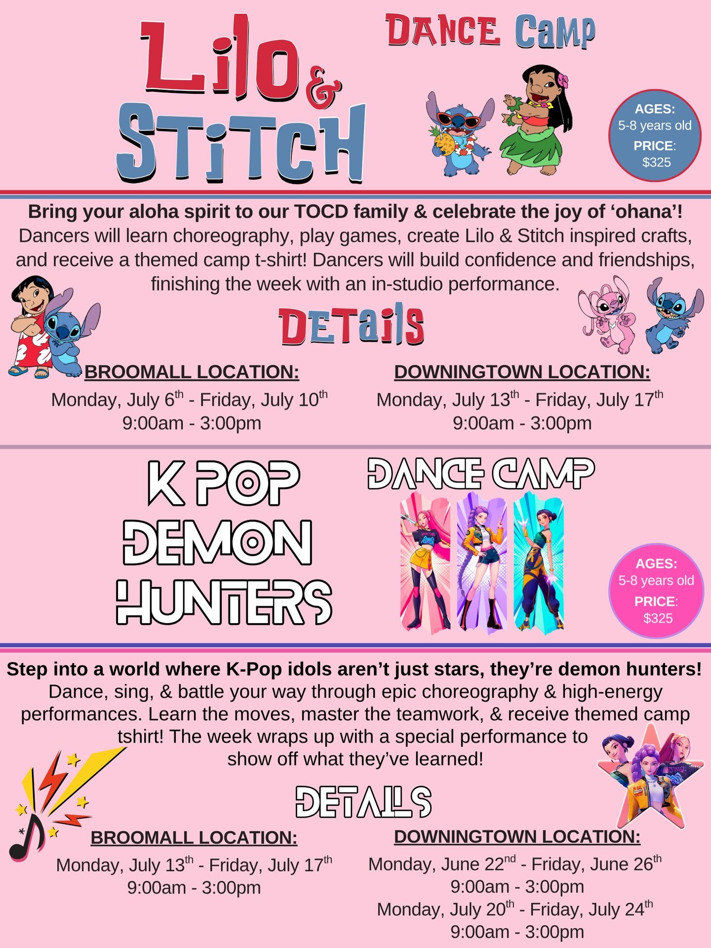 ☀️🎉 Summer Dance Camps Are Here! 🎉☀️

Get ready for a summer full of fun, movement, and imagination! We&rsquo;re so excited to offer TWO themed dance camps this year:

🌺 Lilo &amp; Stitch &ndash; A tropical adventure full of energy, creativity, an