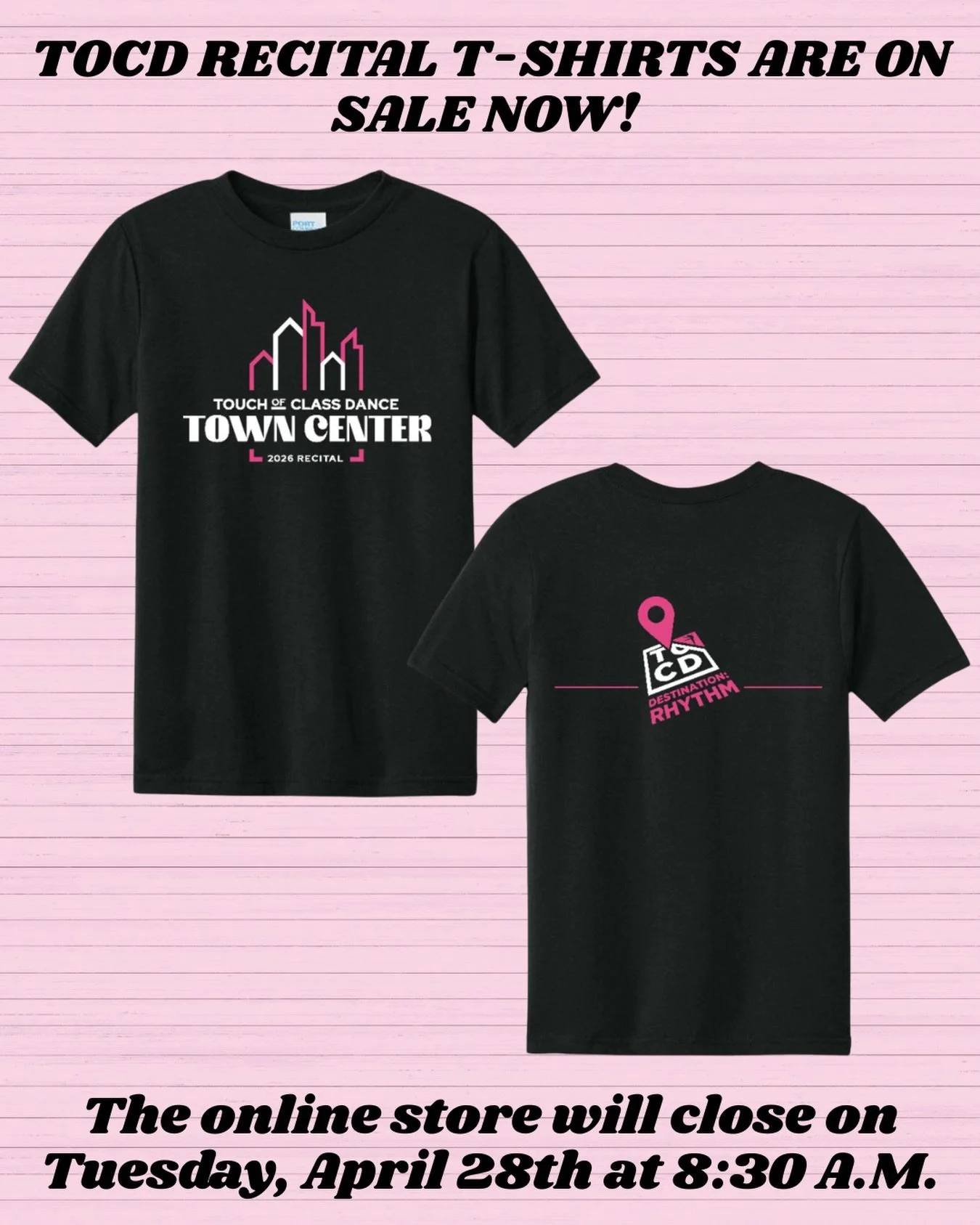 2026 TOCD Recital T-Shirts are on sale now! 

Get ready to celebrate recital season in style! Our exclusive recital t-shirts are now on sale &mdash; the perfect way to show your studio pride and remember an unforgettable performance. Whether you&rsqu