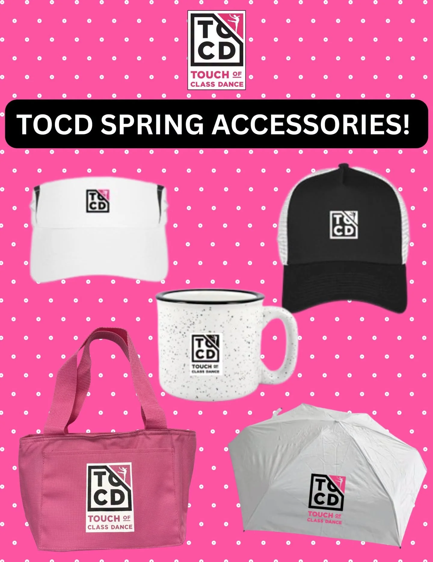 🌸✨ The Spring Accessories Sale is Here! ✨🌸

Step into the season in style with our studio accessories! From sunny days to busy dance nights, we&rsquo;ve got you covered with visors, baseball hats, umbrellas, mugs, and lunchboxes. Perfect for dancer