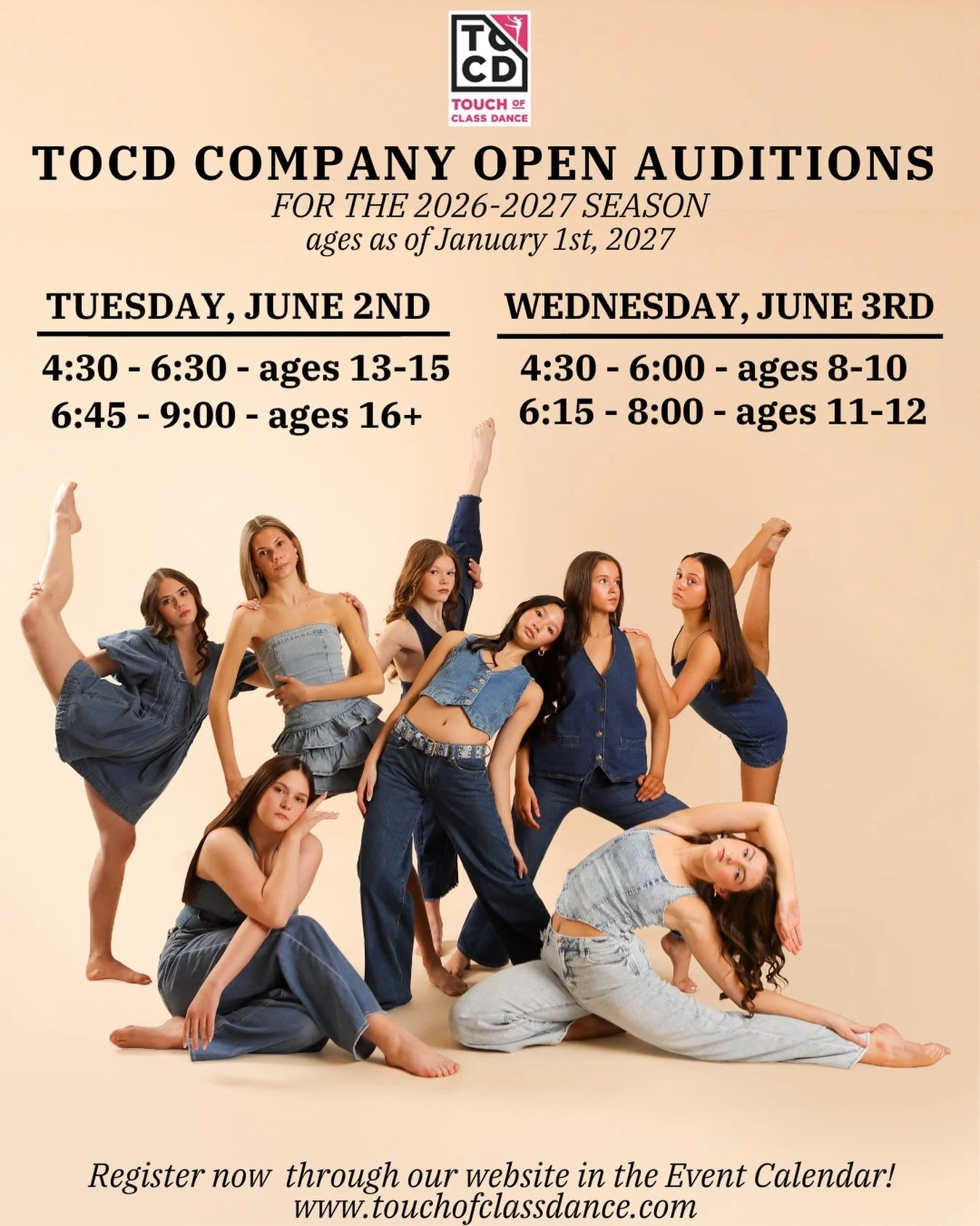 ✨ TOCD Company Auditions Are Here! ✨

Ready to take your dancing to the next level? Our TOCD Company Auditions are your chance to join an elite team dedicated to growth, performance, and excellence. Registration is live and can be done through the &l