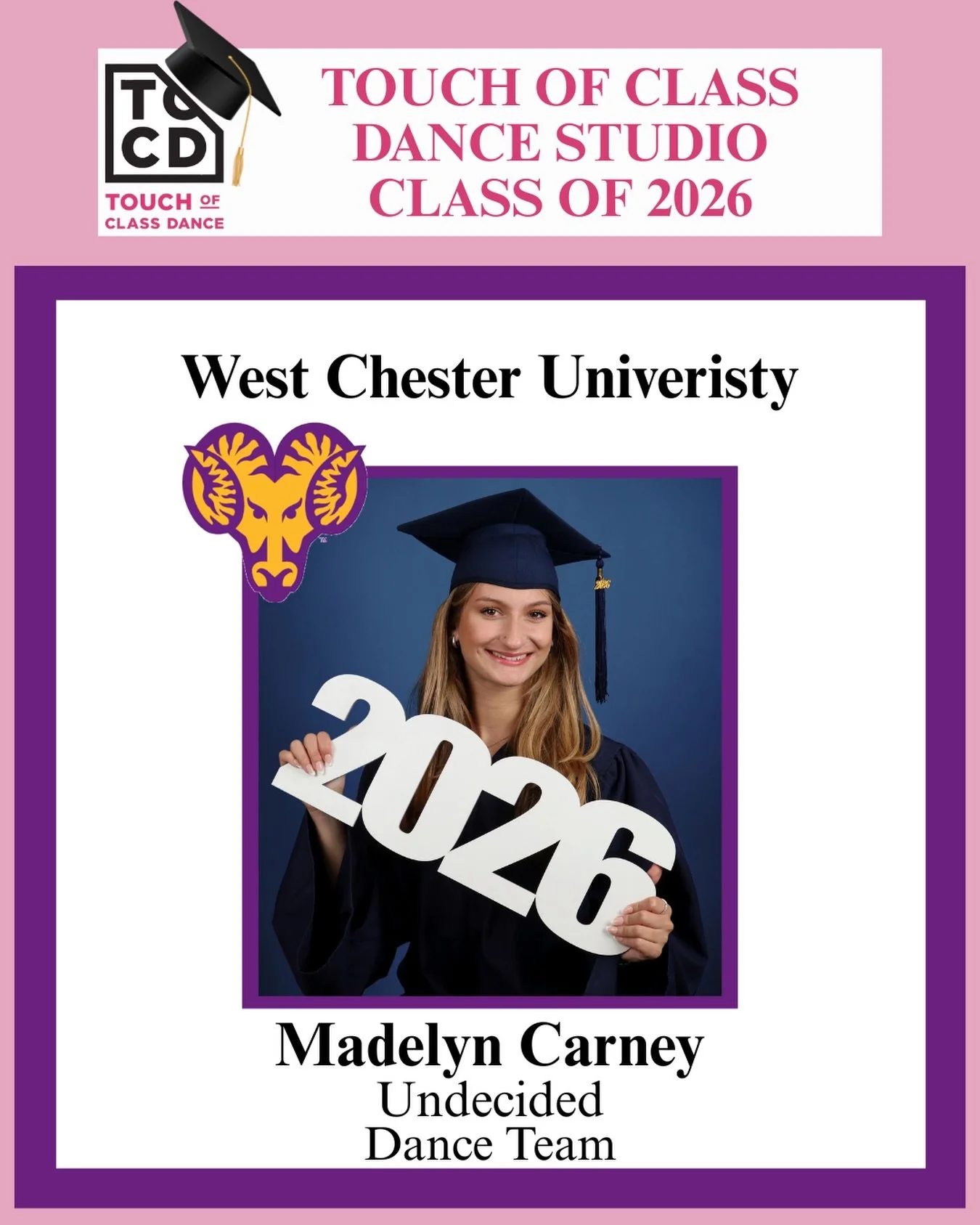 ✨ Senior Spotlight: Madelyn Carney ✨

For the past 2 years, Madelyn has been such a kind and uplifting presence at Touch of Class Dance Studio. Her hard work, positive attitude, and genuine care for those around her have made a lasting impact on our 