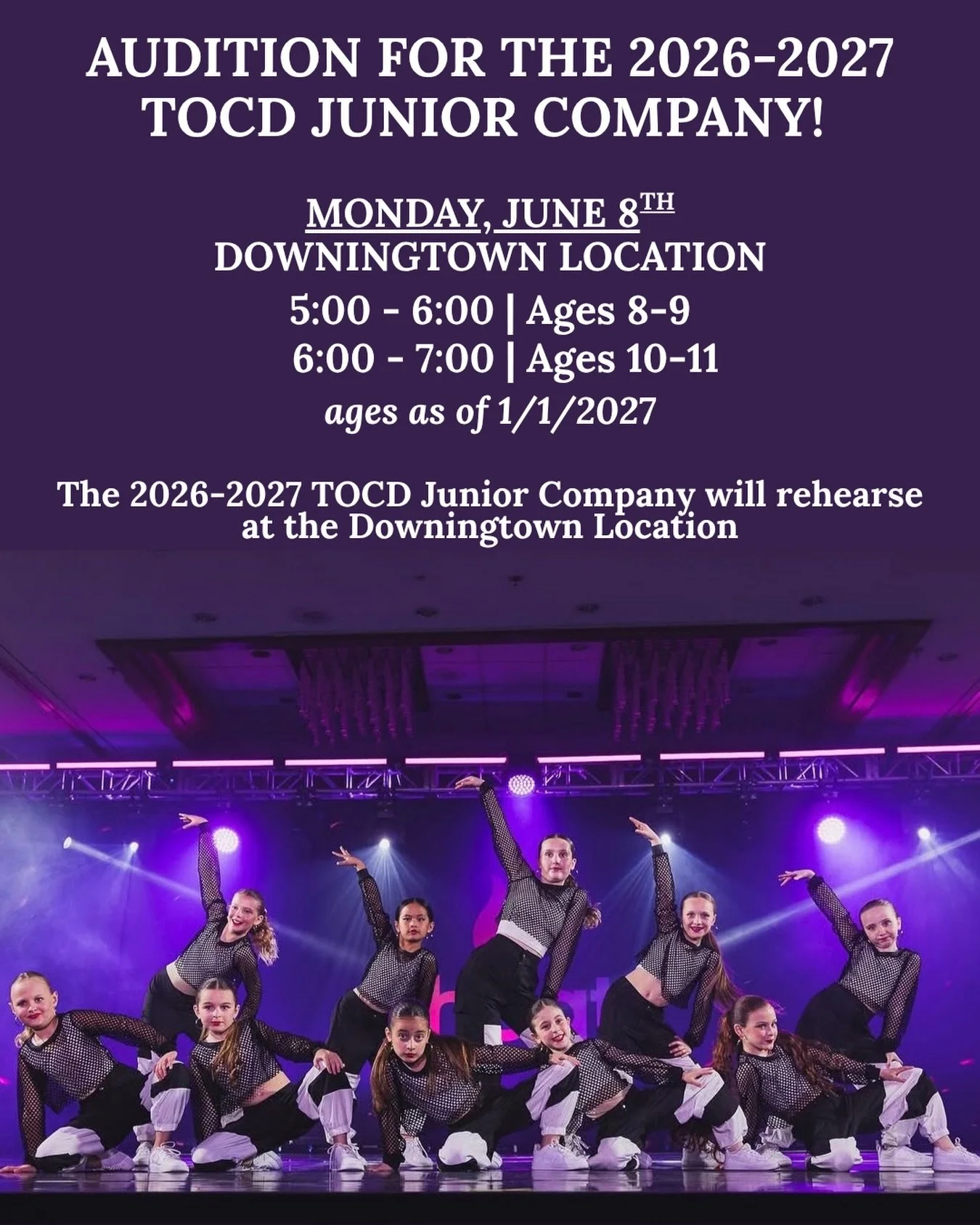 🌟 Junior Company Auditions 🌟

Ready to take the next step in your dance journey? Our Junior Company is the perfect opportunity for dancers ages 8&ndash;11 (ages as of 1/1/2027) who are excited about competing but aren&rsquo;t quite ready for the fu