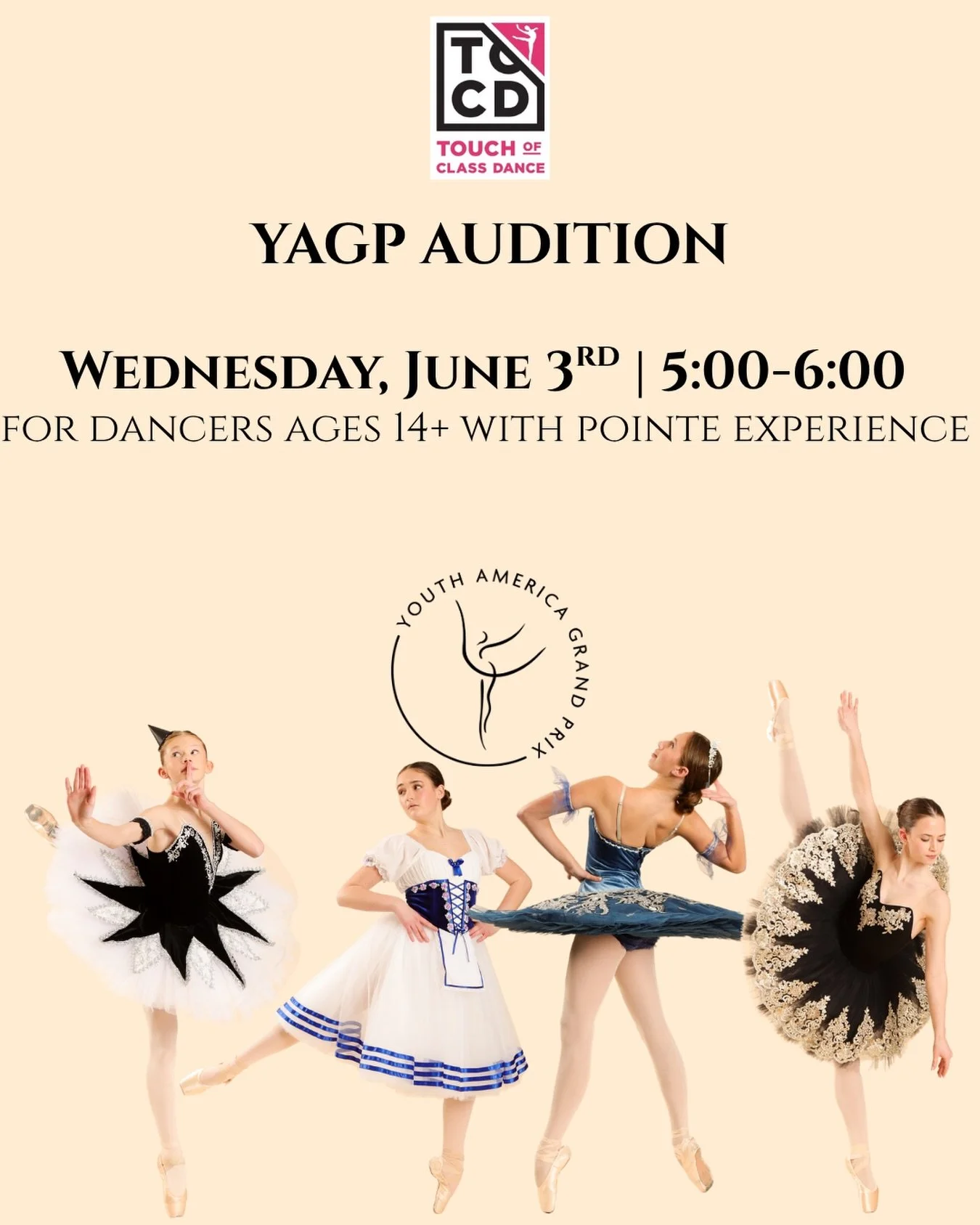 ✨ YAGP Program Auditions ✨

Calling all dedicated dancers ready to take their training to the next level! Our YAGP Program is designed for dancers ages 14+ with at least 2 years of pointe experience who are looking to challenge themselves in a focuse