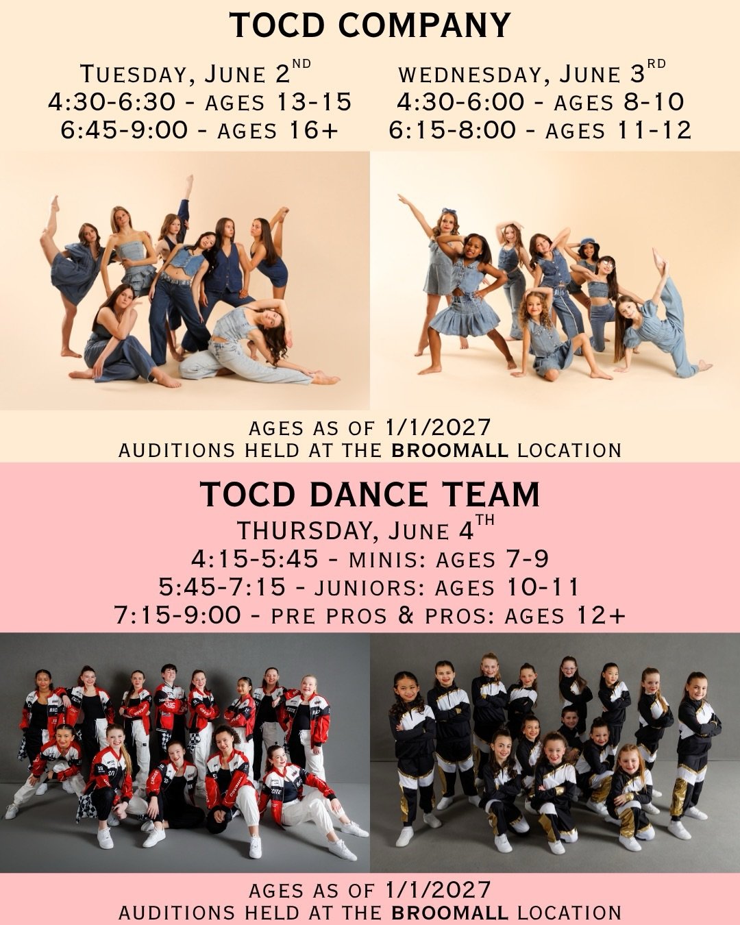 ✨ AUDITION SEASON IS HERE! ✨

Are you ready to take your training, performance, and artistry to the next level? We are excited to announce auditions for our 2025&ndash;2026 competitive and performance programs:

🩷 TOCD Company
🖤 TOCD Dance Team
🤍 