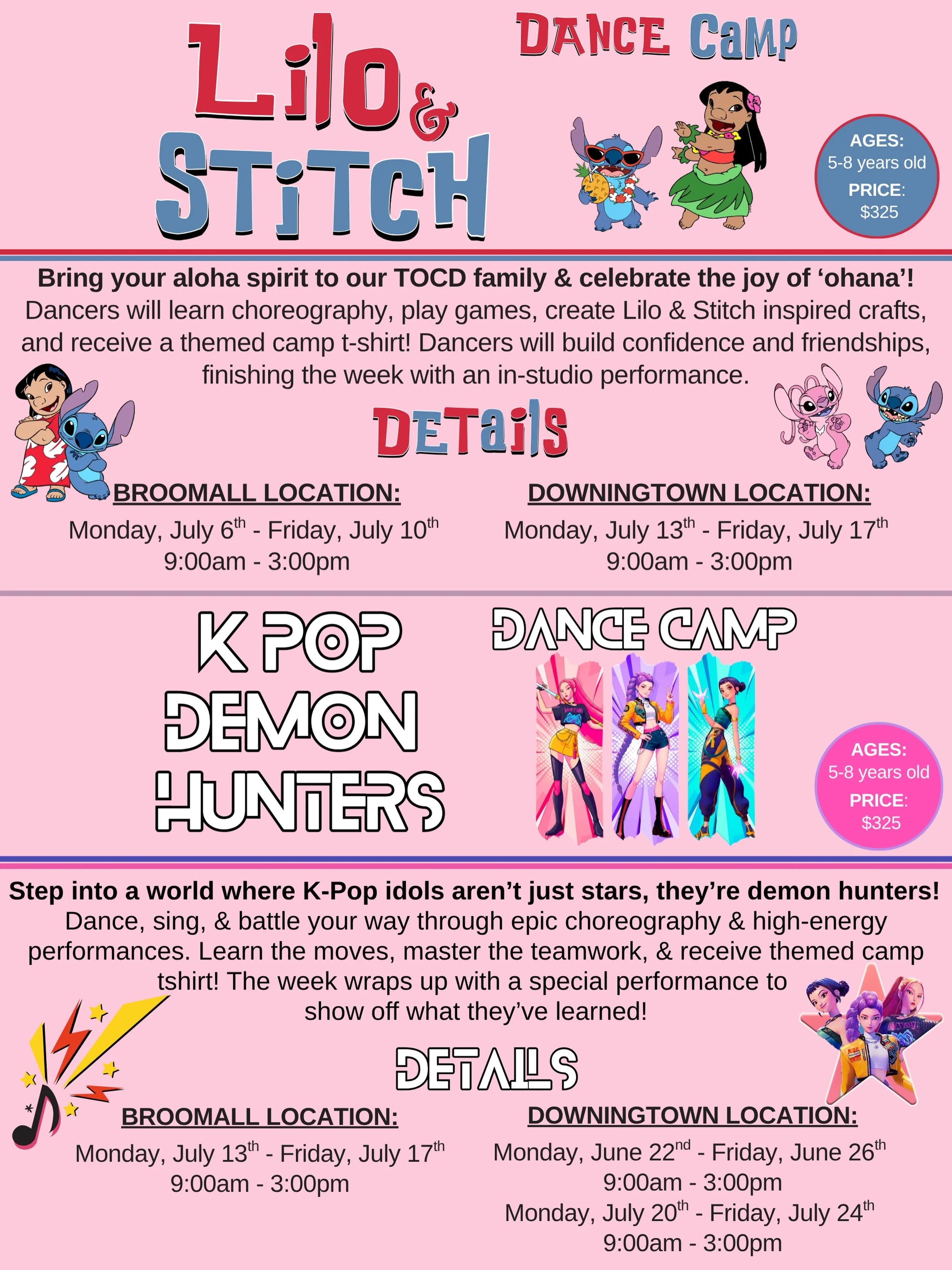 ☀️🎉 Summer Dance Camps Are Here! 🎉☀️

Get ready for a summer full of fun, movement, and imagination! We&rsquo;re so excited to offer TWO themed dance camps this year:

🌺 Lilo &amp; Stitch &ndash; A tropical adventure full of energy, creativity, an