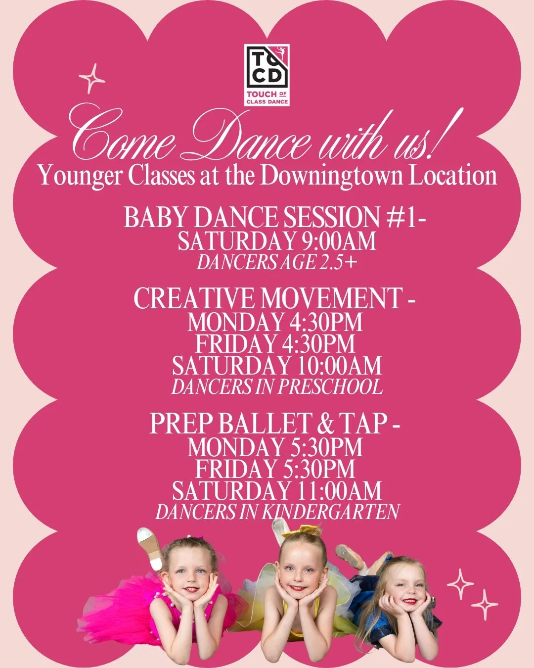 Big dreams start with little steps, and we&rsquo;ve got the perfect class for every young dancer! 💖✨
Our Downingtown location still has some spots available in our youngest dance classes! 

🩰 Baby Dance
🌈 Creative Movement
👯 Prep Ballet/Tap
🎵 Mi