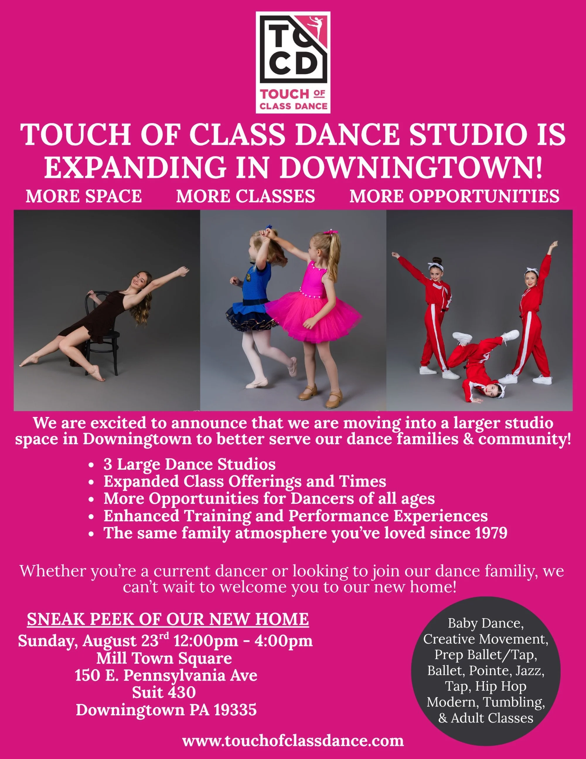 ✨YOU&rsquo;RE INVITED TO THE SNEAK PEEK!✨

Something BIG is happening and we can&rsquo;t wait to give you a first look! Join us on Sunday, August 23rd from 12:00&ndash;4:00 PM for a special Sneak Peek of our BRAND NEW Downingtown location! 💗🩰🎉
🎶 