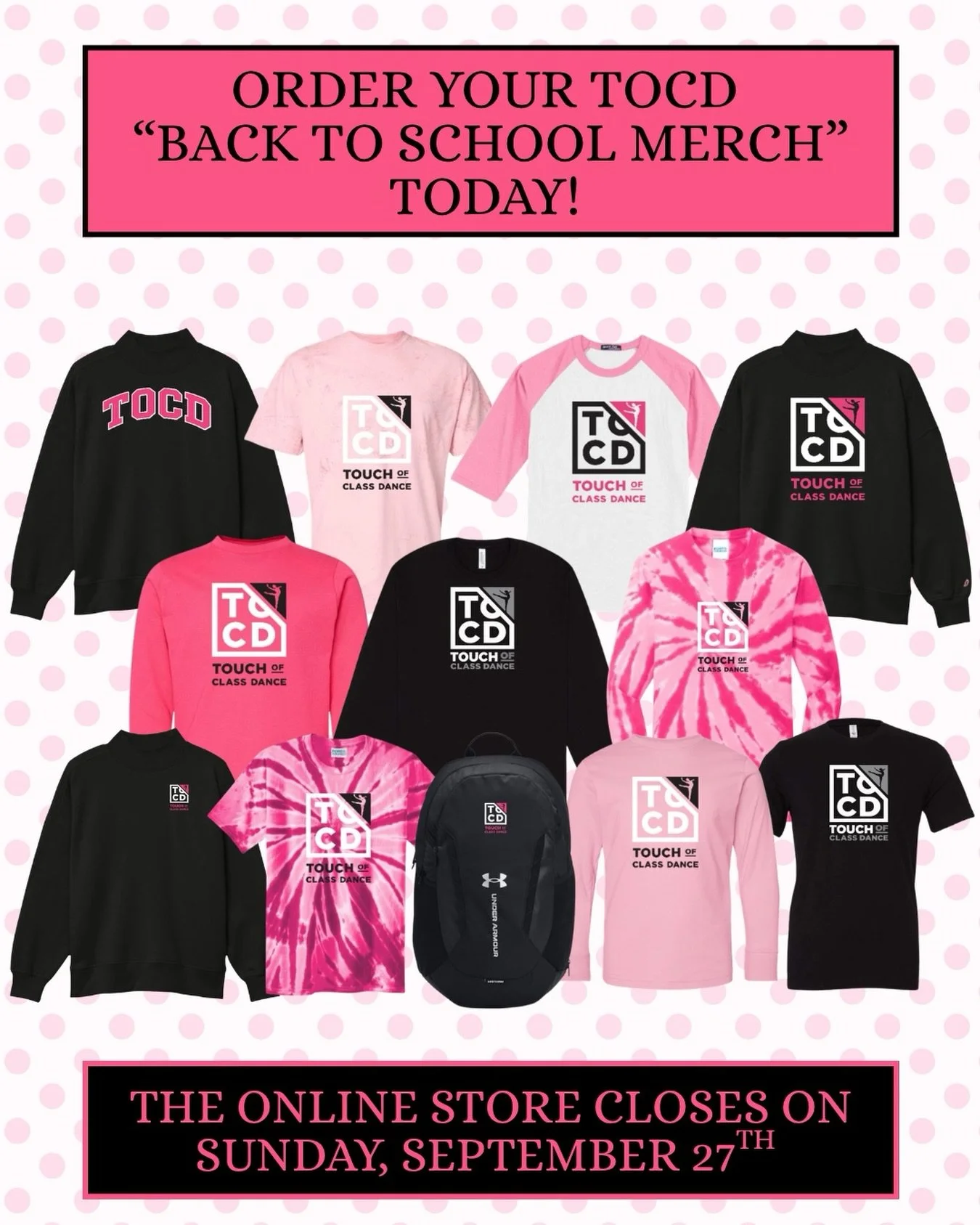 ✨ TOCD BACK TO SCHOOL MERCH IS HERE! ✨

Kick off the new dance season in style with our Back to School Merchandise! Grab your favorites &amp; show off your TOCD spirit all season long! 💃🩰 

The online store closes Sunday, September 27th!
Don&rsquo;