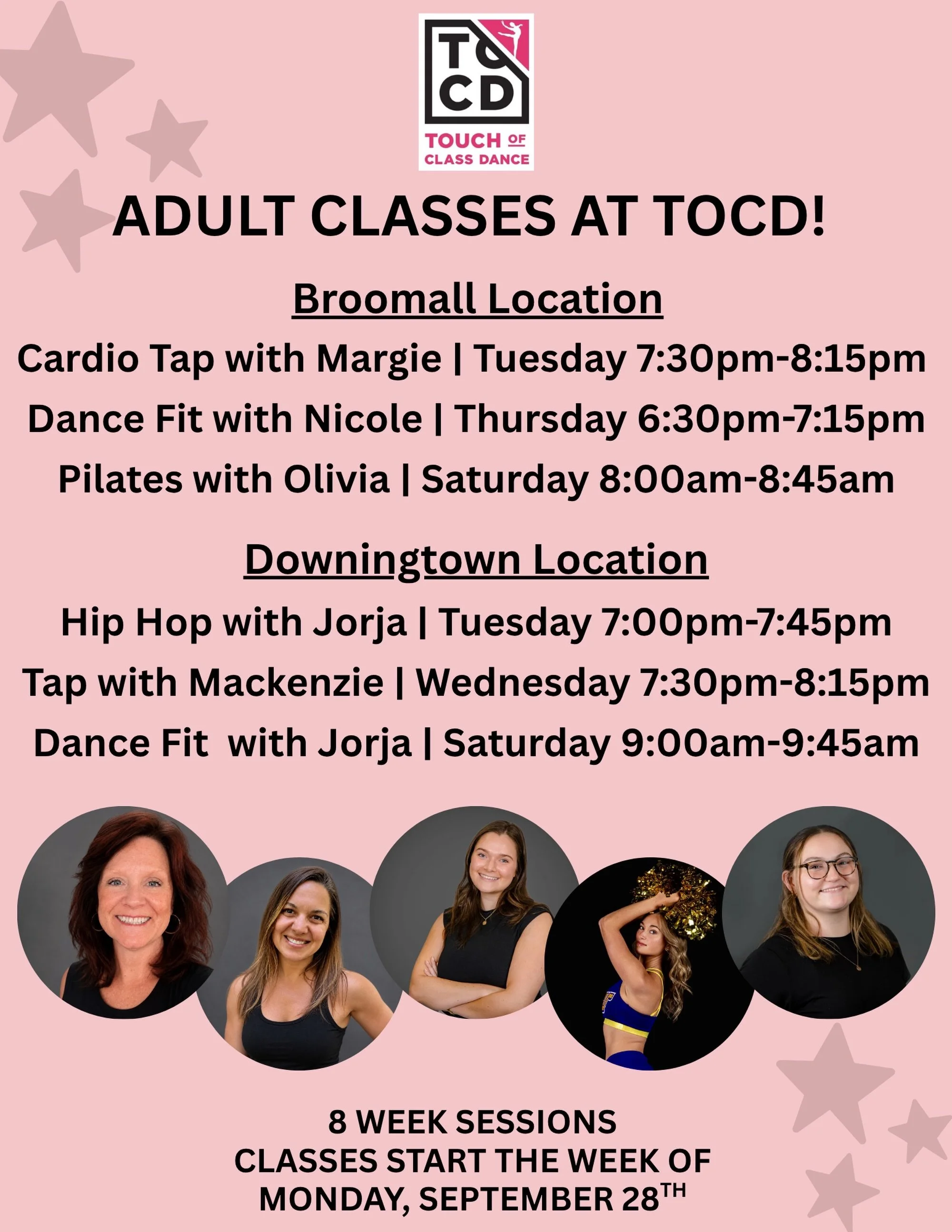 ✨Adult Classes at TOCD✨
TOCD is excited to offer adult session classes at both locations! Classes are still open for registration and start the week of September 28th! See you there 👀🩷