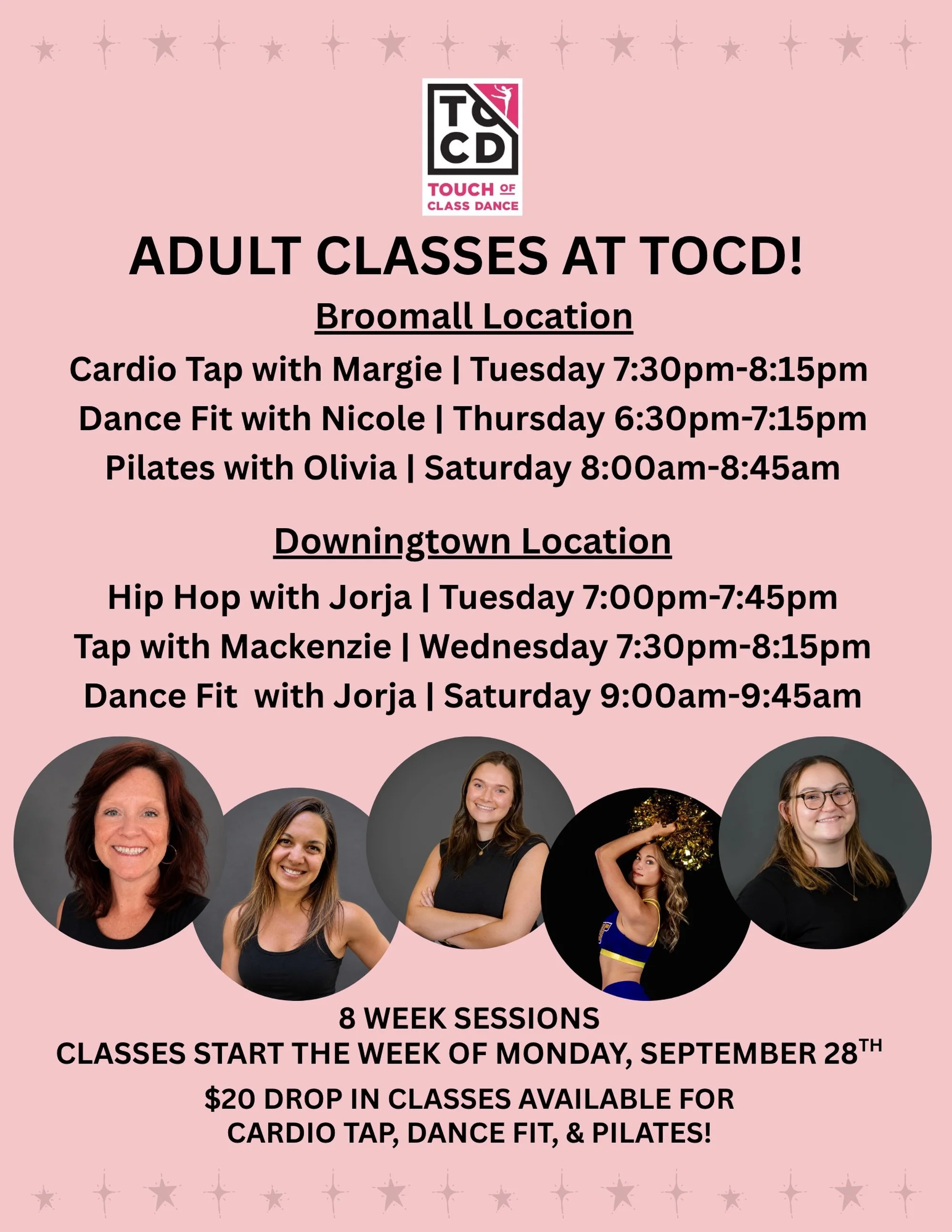 ✨Adult Classes at TOCD✨

TOCD is excited to offer adult session classes at both locations! Classes are still open for registration and start tonight!

$20 drop in classes are available for Cardio Tap, Dance Fit, &amp; Pilates. Dancers ages 15+ are we
