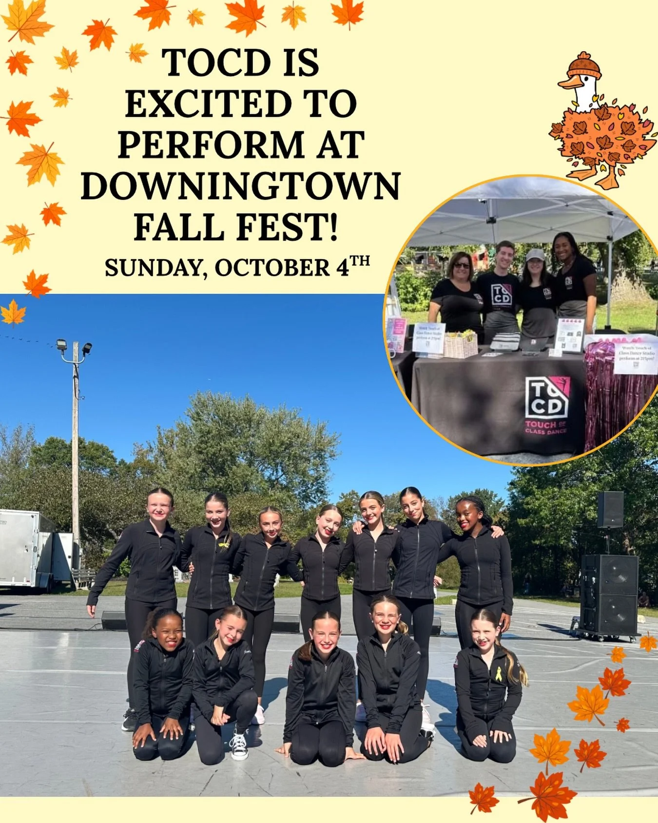 Come see TOCD perform at the Downingtown Fall Fest this Sunday, October 4th at 1:15pm &amp; 2:45pm! We will have a booth with information for new families, give aways, and more! 🩷🍁