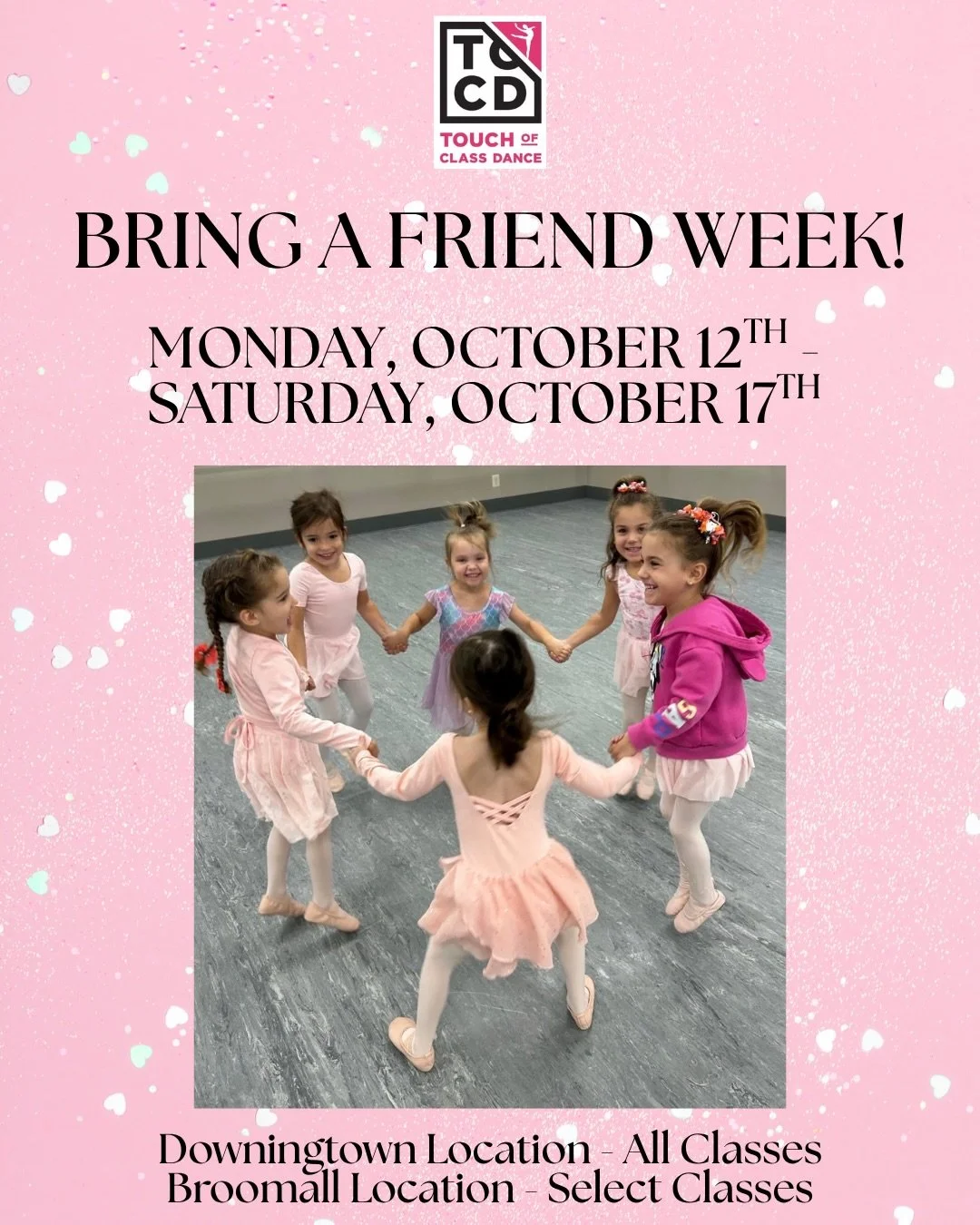Reminder - this week is Bring a Friend Week! ✨👯&zwj;♂️

There&rsquo;s always room for one more on the dance floor! Bring a friend to class and let them experience the fun of dancing with us! 🩰💖

📅 Monday, October 12th &ndash; Saturday, October 17