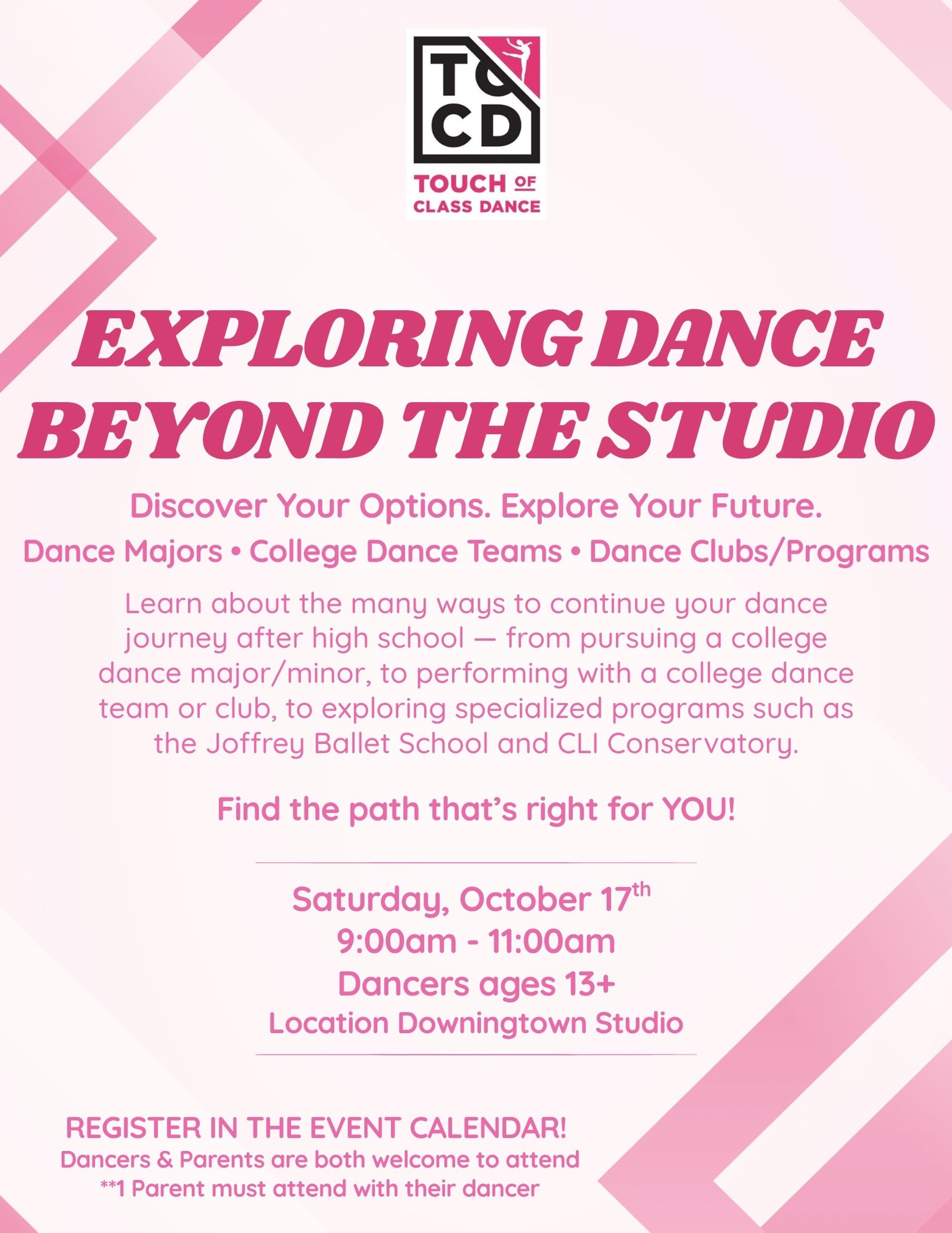 💫 EXPLORING DANCE BEYOND THE STUDIO 💫

What&rsquo;s next after high school? Your dance journey doesn&rsquo;t have to end! 🩰✨

Join us for a special seminar exploring the many ways to continue dancing after graduation&mdash;from pursuing a college 