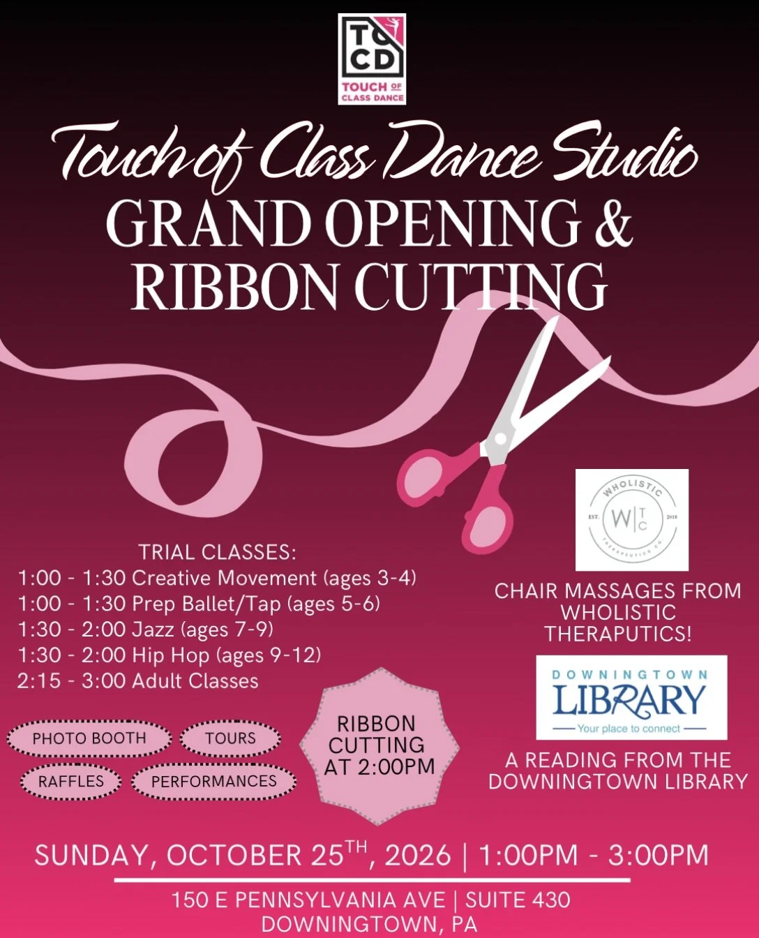 🎉 IT&rsquo;S TIME TO CELEBRATE! 🎉

We&rsquo;re so excited to officially celebrate the Grand Opening &amp; Ribbon Cutting of our NEW location! Join us on Sunday, October 25th from 1&ndash;3 PM for an afternoon filled with dancing, fun, and excitemen
