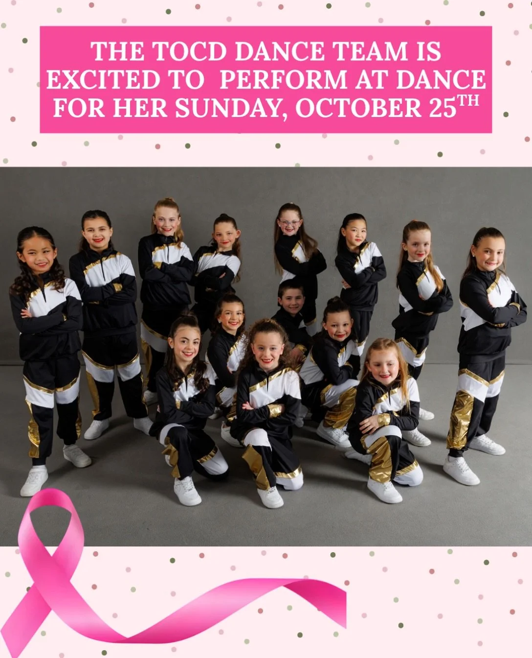 💗 DANCING FOR A CAUSE! 💗
Our TOCD Dance Team is so excited to perform at Dance For Her on Sunday, October 25th at 6:00 PM! Dance For Her is a special fundraising event supporting Unite For Her, a West Chester-based nonprofit that provides services 