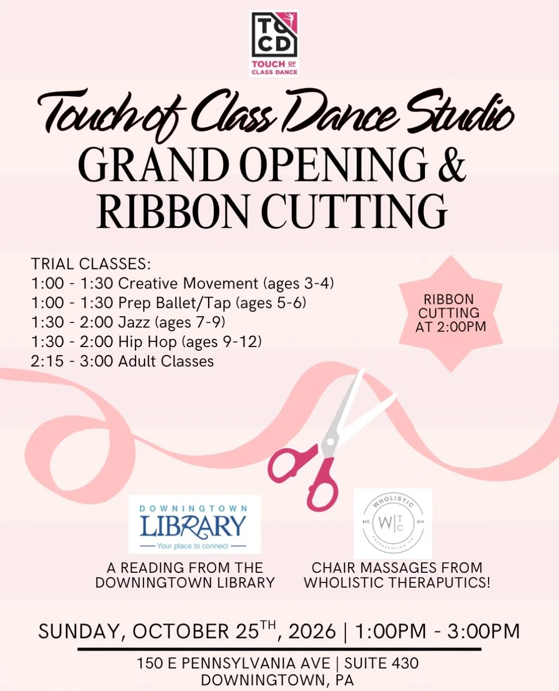We&rsquo;re so excited to officially celebrate the Grand Opening &amp; Ribbon Cutting of our NEW location! Join us on Sunday, October 25th from 1&ndash;3 PM for an afternoon filled with dancing, fun, and excitement! 🩰✨

✨ Trial classes for dancers a