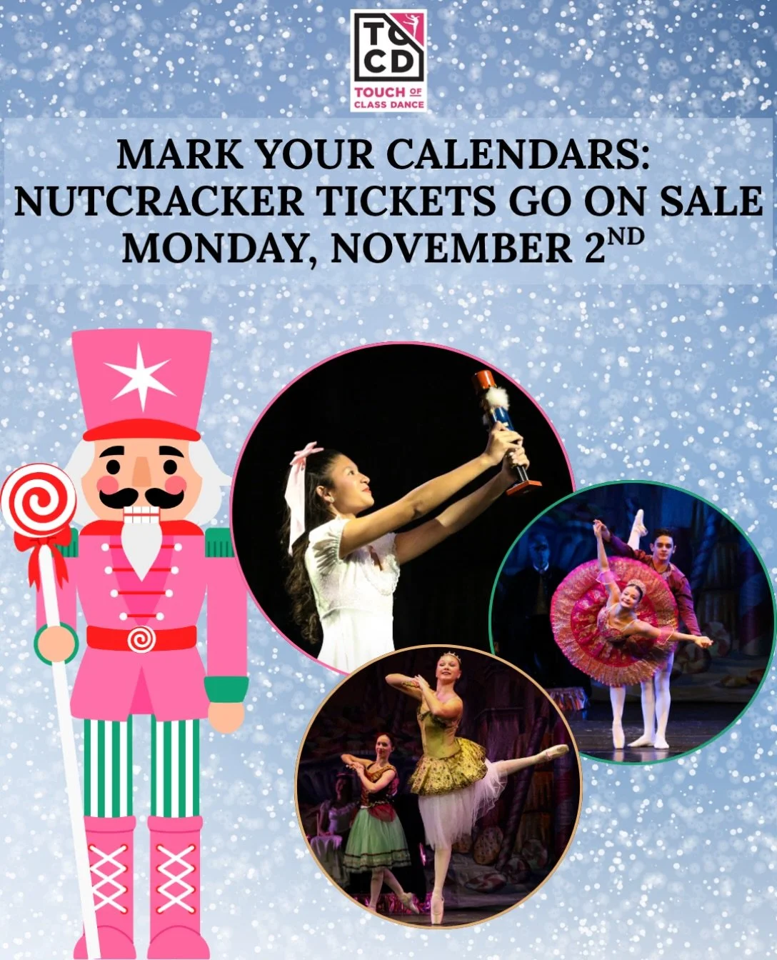 🎄✨ MARK YOUR CALENDARS! ✨🎄

The magic of the TOCD Nutcracker is coming soon! Tickets officially go on sale Monday, November 2nd, and you won&rsquo;t want to miss this holiday tradition! 🩰🩷

📅 Sunday, December 13th
📍 Conestoga High School
🕧 Sho