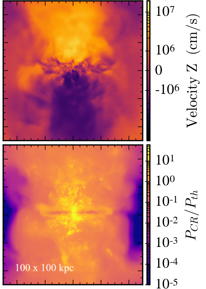 Figure 1: Cosmic ray transport relative to the thermal gas can drive strong galactic winds (top panel). Cosmic ray pressure provides support to the thermal gas (bottom panel), lifting it out of the galactic potential well. 