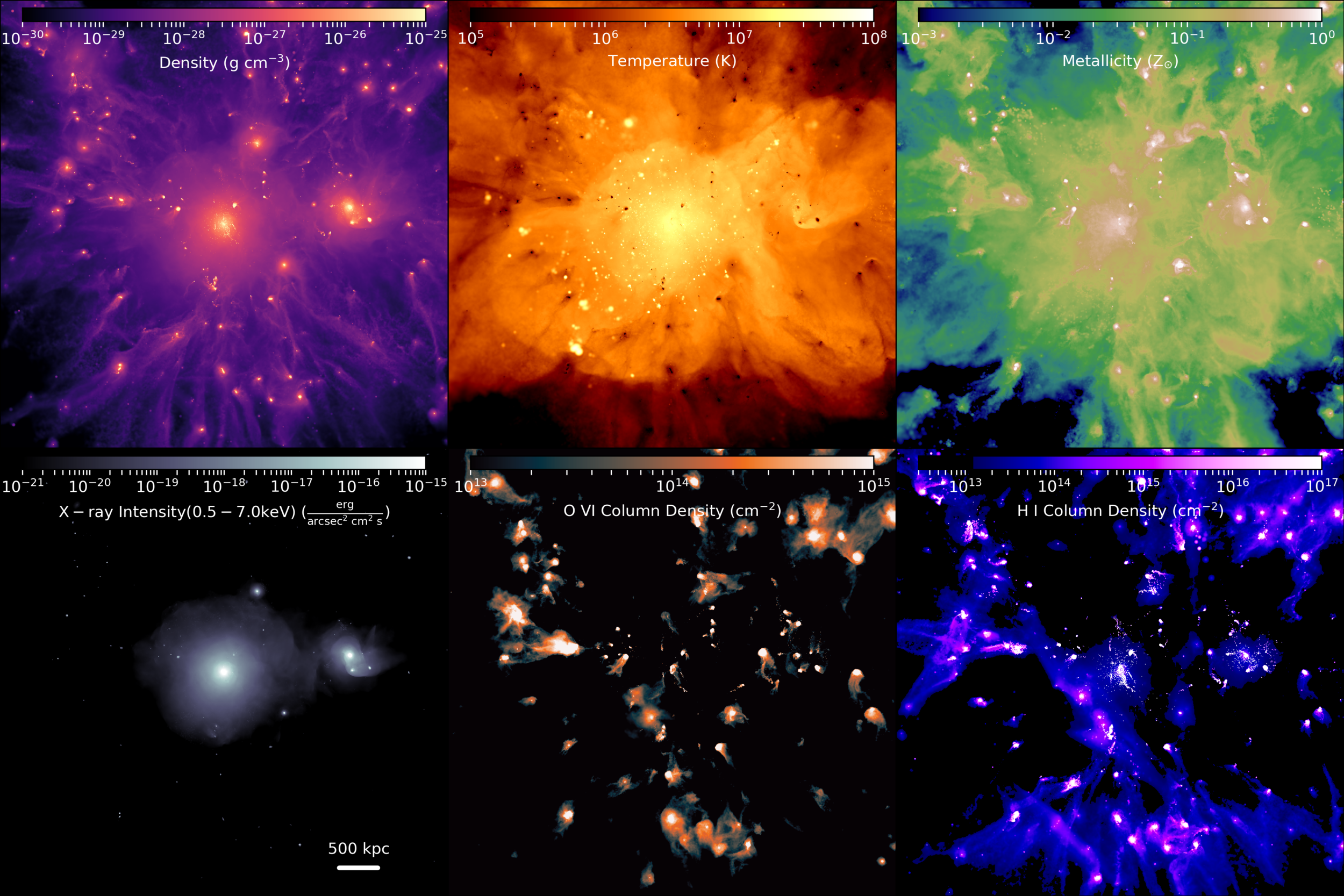 Figure 1: The RomulusC cluster simulation at a redshift of 0.31. The top row shows quantities of the cluster that are readily available simulations: the gas density, temperature, and metallicity. However these properties cannot be directly observed and must be inferred from careful modeling. The bottom row shows quantities that can be directly observed: the X-ray emission and the O VI and H I absorption column density. X-ray emission traces the hot, dense intracluster medium, which has a dramatically different structure from the diffuse, cool-warm gas traced by absorption in the UV.