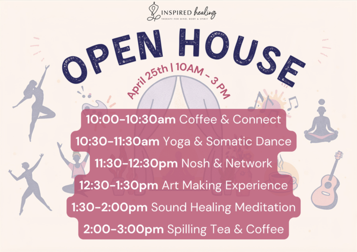 click this image to register for the free open house event on april 25th from 10am-3pm to celebrate the grand opening of Inspired Healing Therapy's new space in the Ferndale Arts Building, choose from a variety of events including coffee hour, yoga+