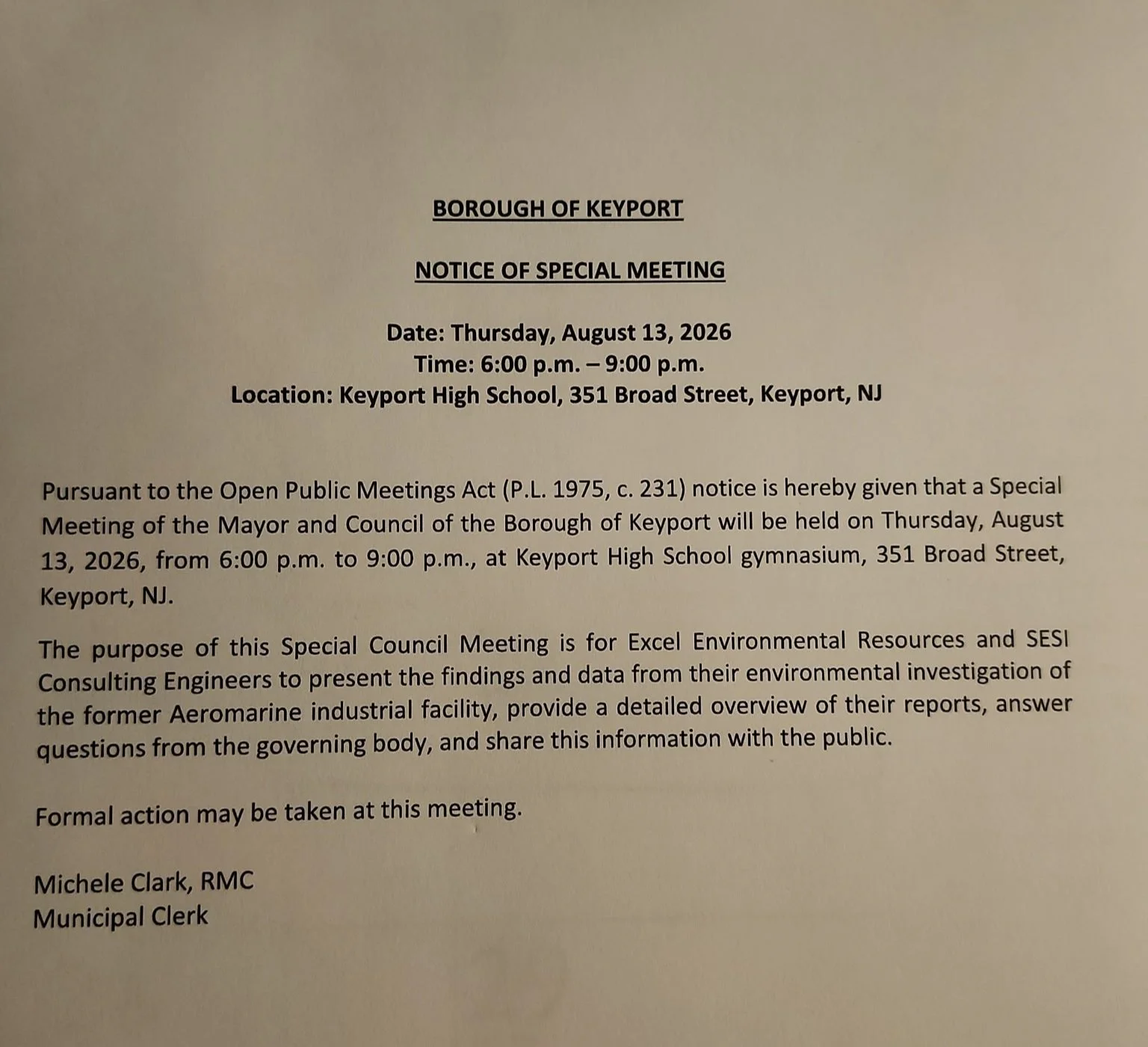 13th August: Special Meeting for Keyport and Surrounding Municipalities