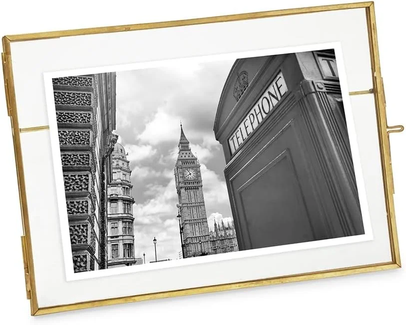 Isaac Jacobs 5x7, Antique Gold, Vintage Style Brass and Glass, Metal Floating Picture Frame (Horizontal) with Locket Closure, for Photos, Art, More,...