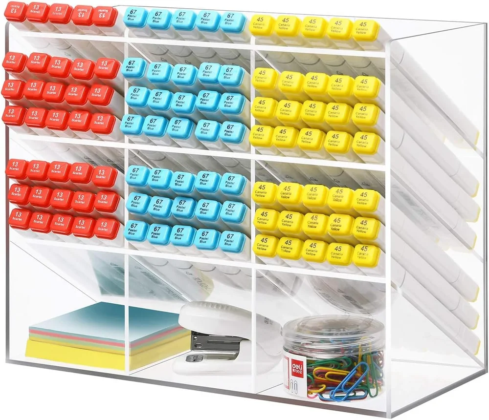 Marbrasse Clear Pen Organizer Storage, Acrylic Desk Organizer with 12 Compartments, Pen Organizer for Desk, Desktop Art Organizer for Office School Art Supplies