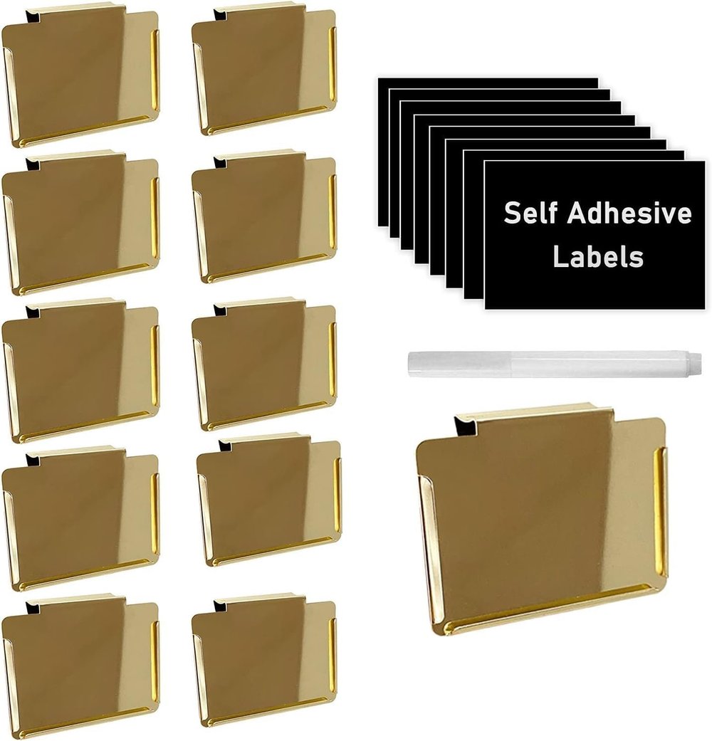 Top label Clip Label Holders,Gold Bin Clips for Kitchen Pantry Organization,10 Pcs Clip Holders with 60 Pcs Chalkboard Stickers