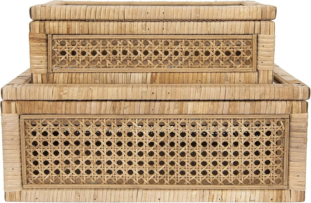 Creative Co-Op Modern Decorative Rectangle Woven Rattan and Wood Display Boxes with Glass Top, Set of 2 Sizes, Natural Finish