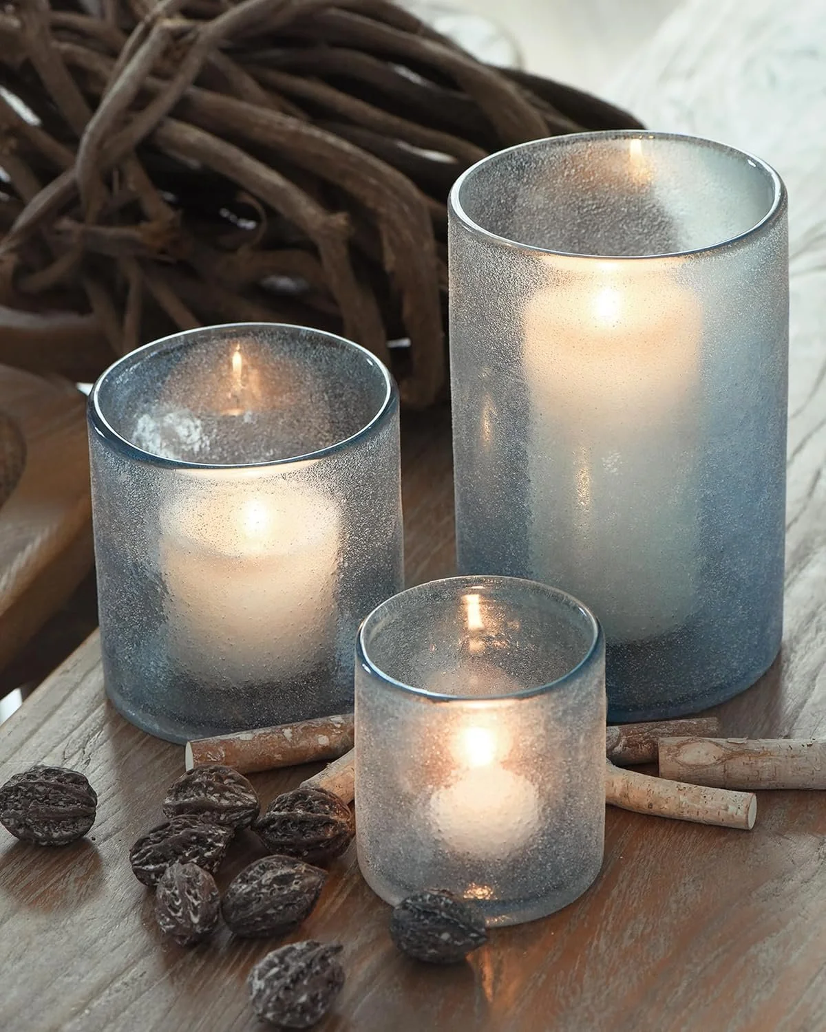 Light blue sea glass candle holders
