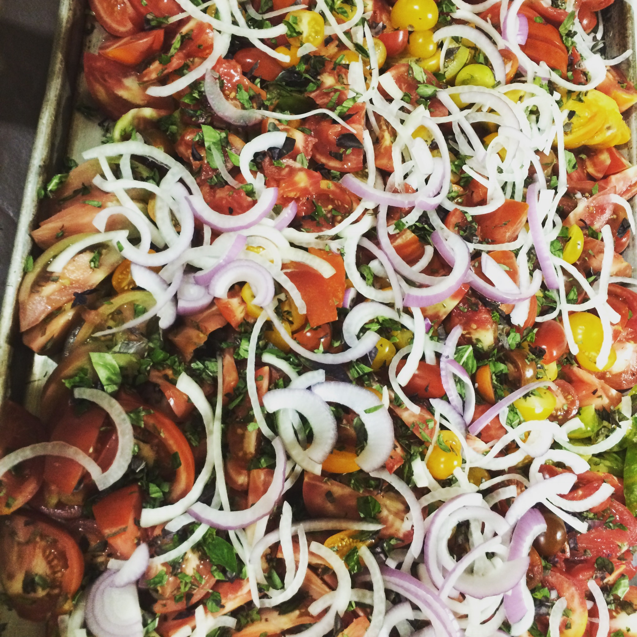  Heirloom tomato salad with fresh basil and red onions 