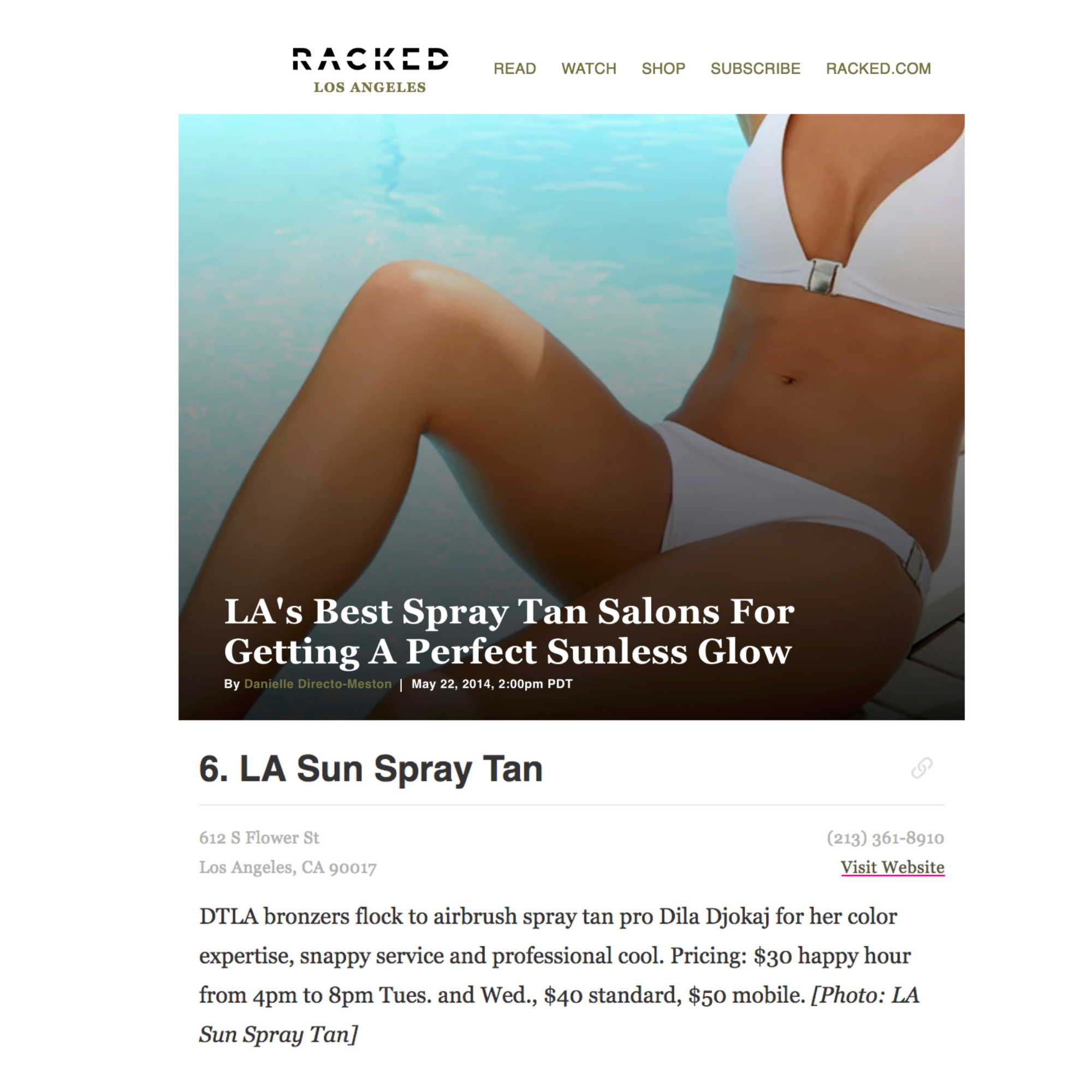 Racked LA article highlighting Dila Djokaj and L.A. Sun Spray Tan as a top spray tan salon in downtown Los Angeles