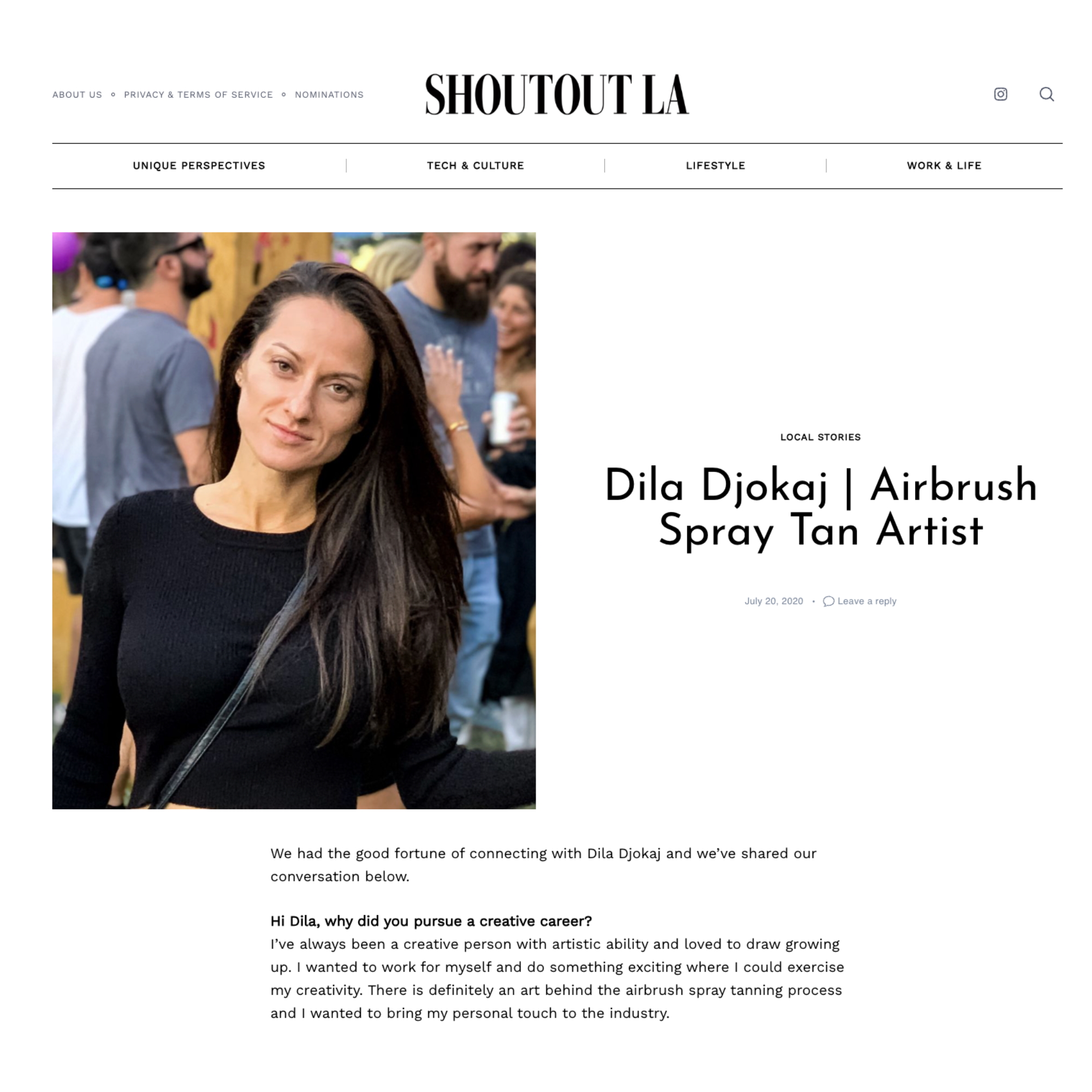 Shoutout LA feature profiling Dila Djokaj, airbrush spray tan artist and founder of L.A. Sun Spray Tan
