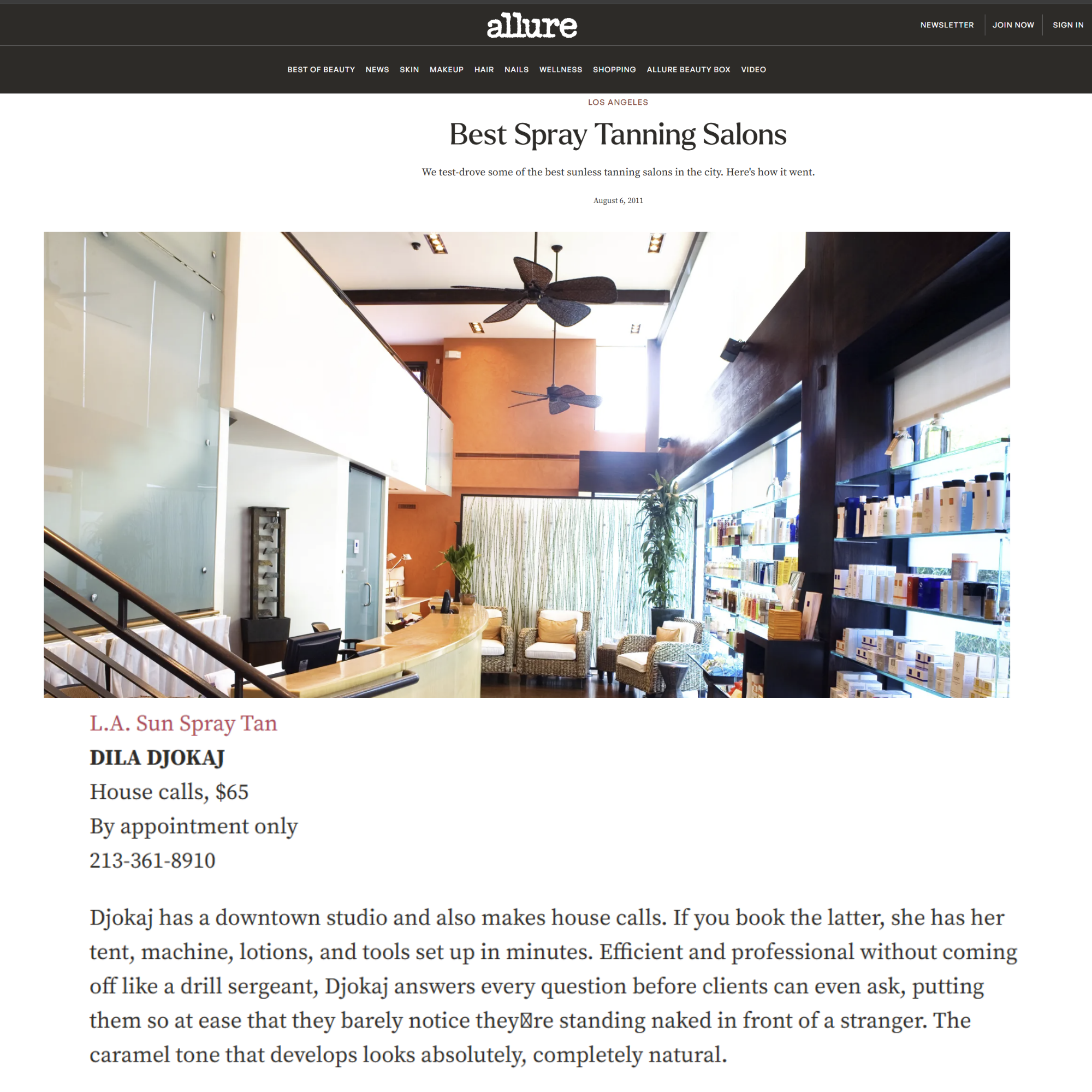 Allure Magazine feature highlighting L.A. Sun Spray Tan as a top spray tanning salon in Los Angeles