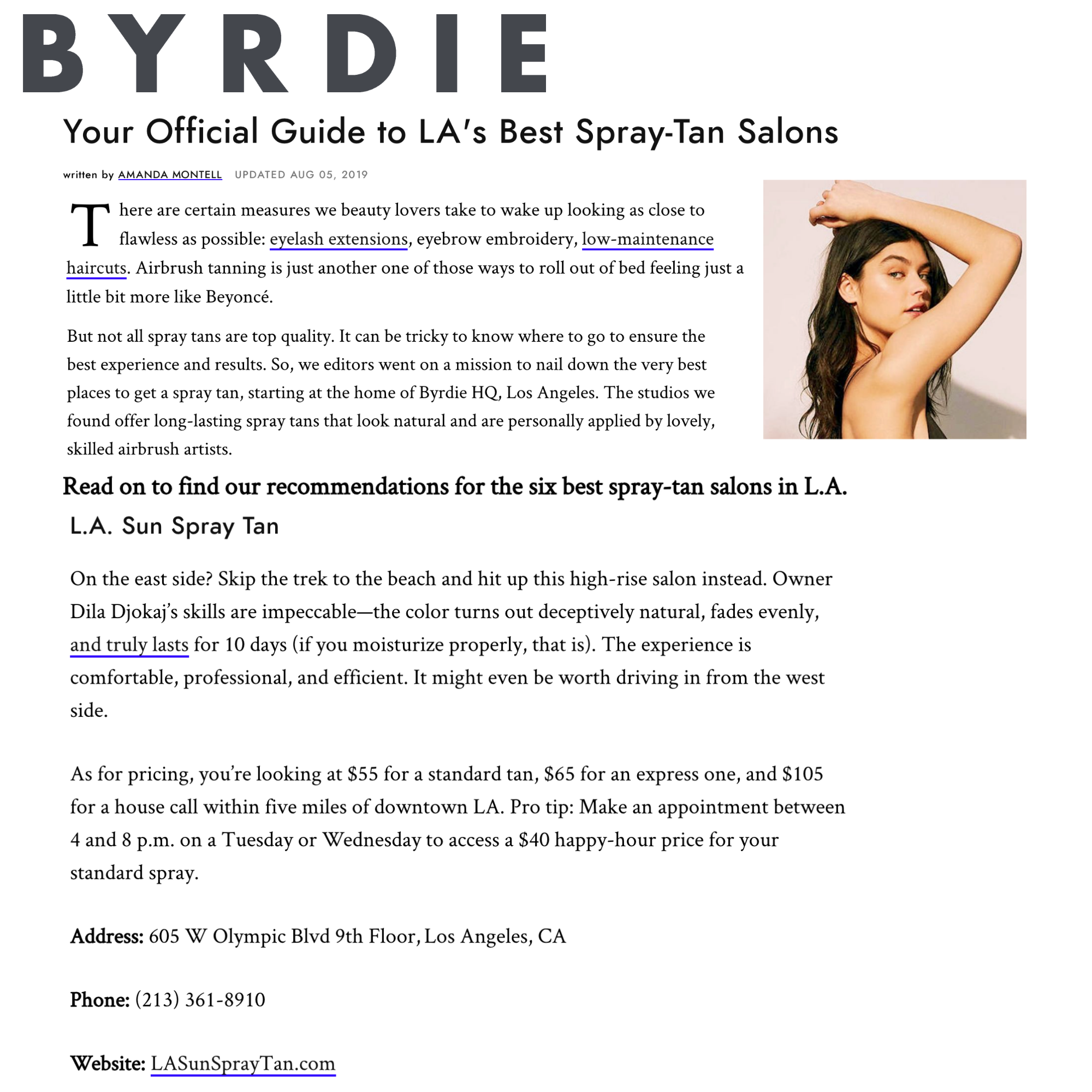 Byrdie feature naming L.A. Sun Spray Tan among the best spray-tan salons in Los Angeles