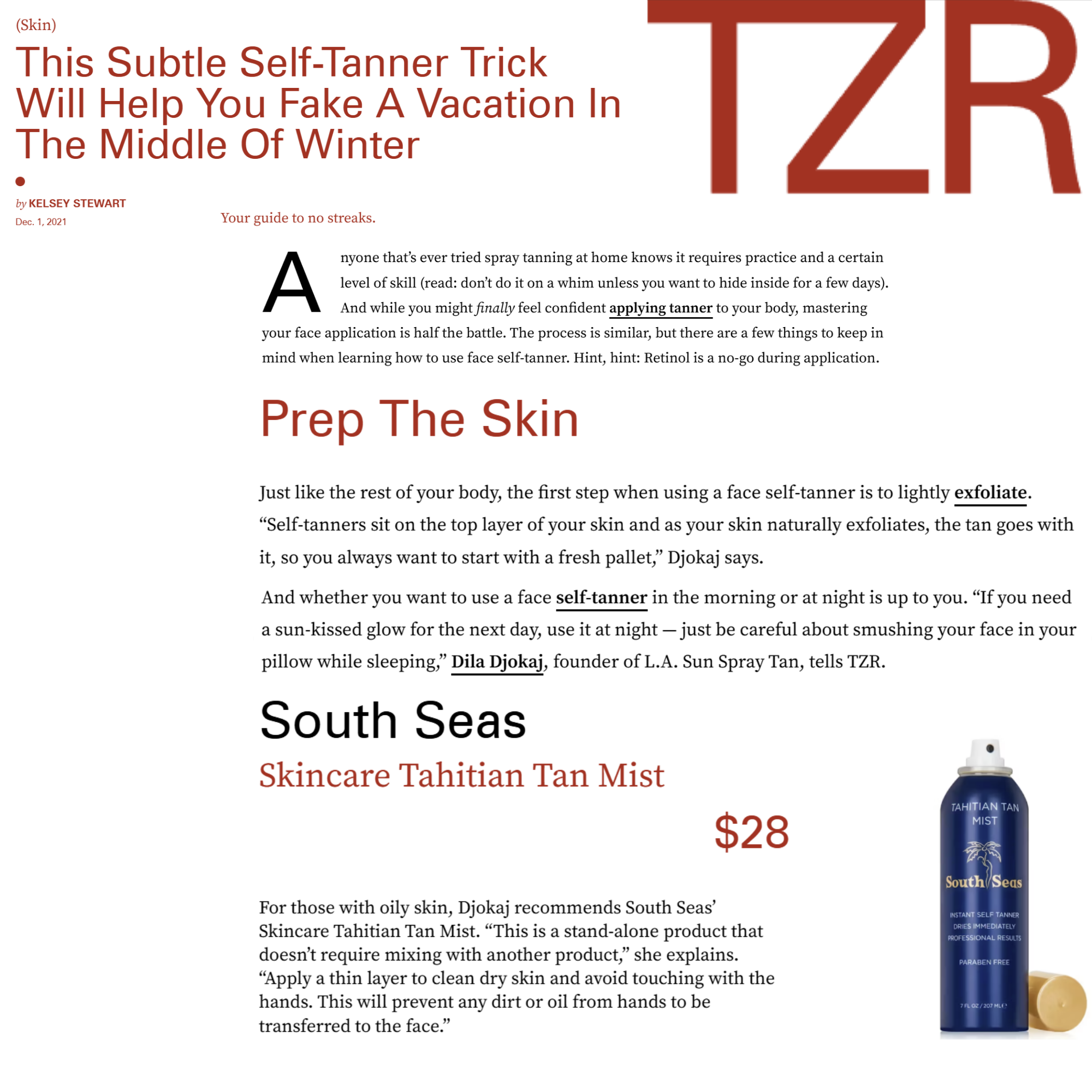 The Zoe Report article featuring Dila Djokaj of L.A. Sun Spray Tan discussing self-tanning products and techniques