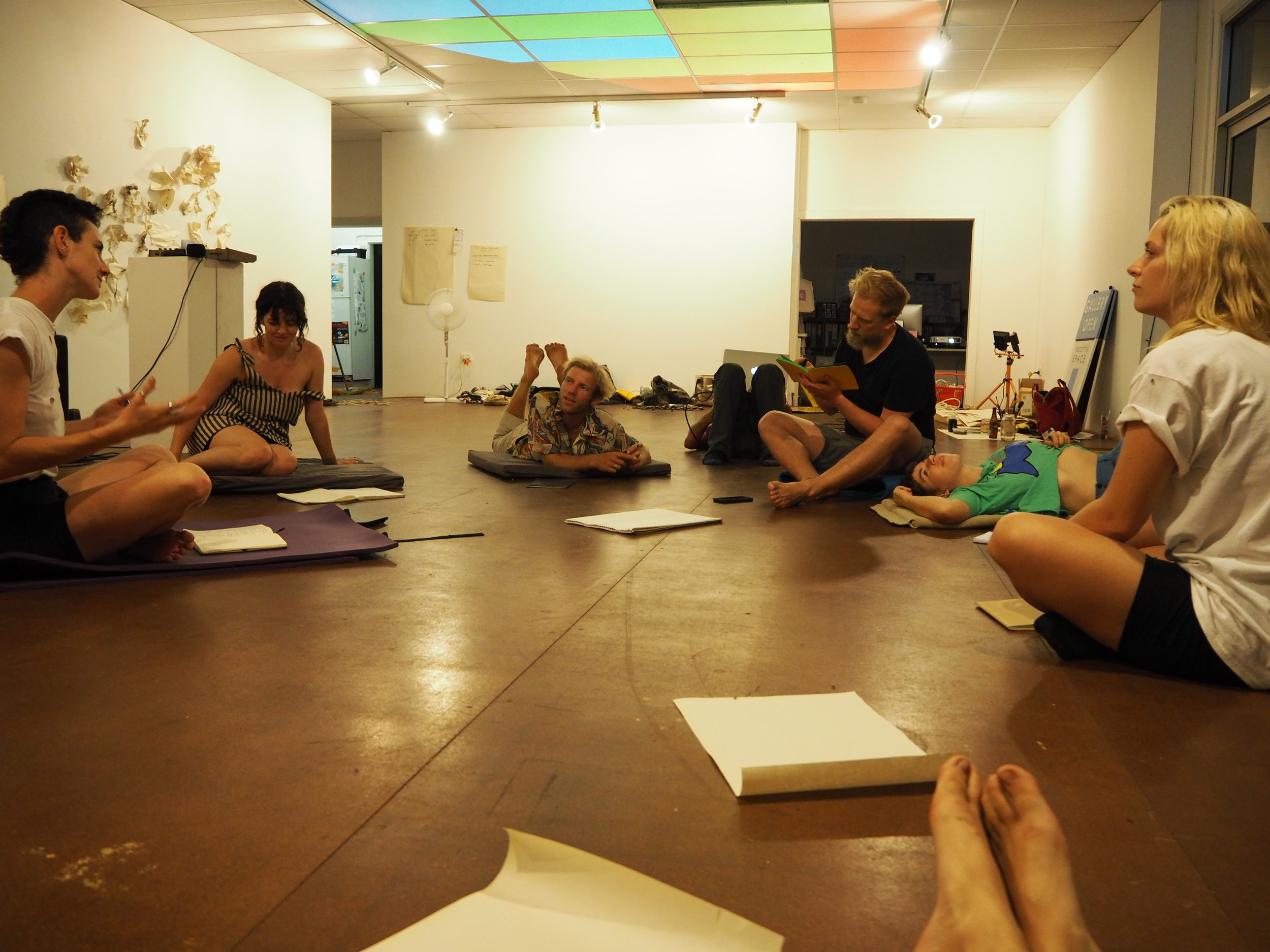 The Attempts  participants (L-R: Frankie Snowdon, Beth Sometimes, Jorgen Doyle, Cy Starkman, Jonny Rowden, Hannah Ekin &amp; Madeleine Krenek), part of WTS’s STILL ALIVE AFTER 25 program, 2018. Photo: Zoya Godoroja-Prieckaerts.