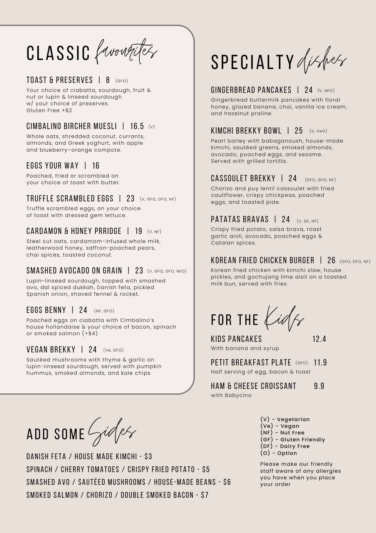 Menu updated 2026