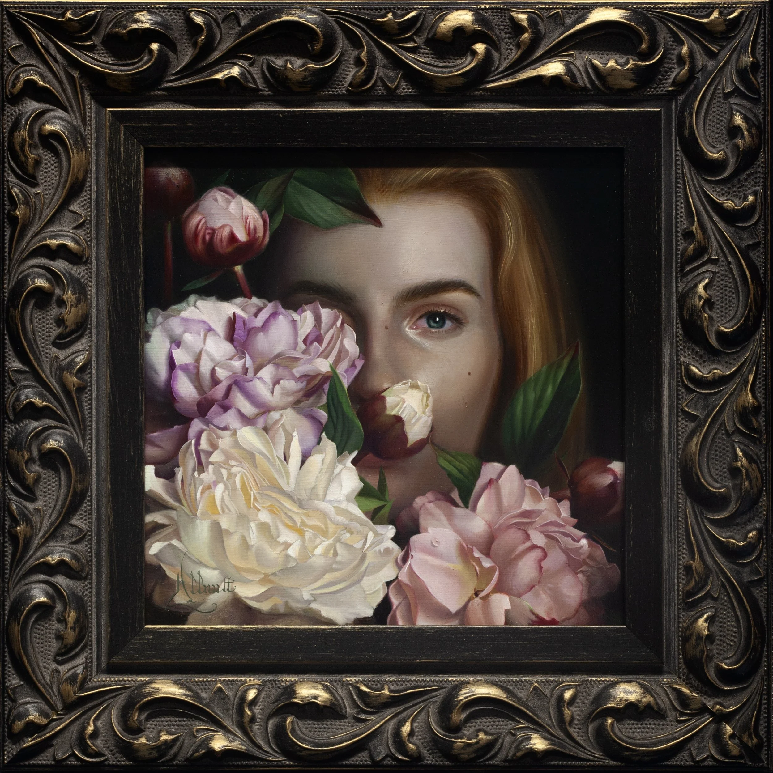 Girl peeks through peonies