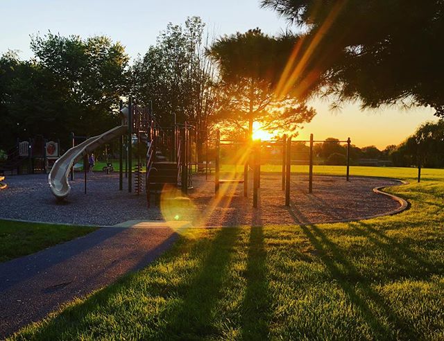 When the playground looks like this when you&rsquo;re leaving for the day, you know fall is approaching. 
#lovethatlight #attheplayground #playground #sunset #lovemybabies #twinsplusone #falliscoming #longshadows #goldenhour #photography #canonphotog
