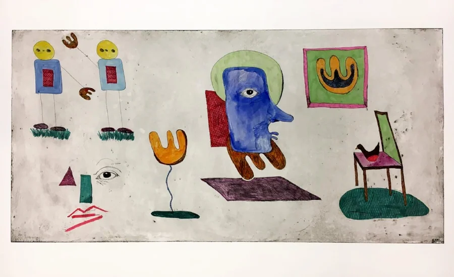 Sit down, take a selfie . Hand painted etching on paper, 100cm x 50cm, 2017.