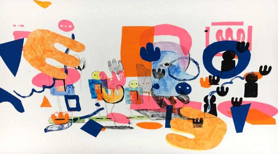Busy times. Etch screen print, digital stickers, ink on paper, 100cm x 50cm, 2017.