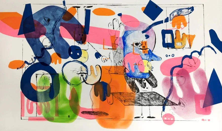 Confusing isn't it. Etch screen print, spray, digital sticker on paper, 100cm x 50cm, 2017.
