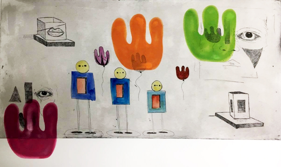...Easy. Hand sprayed, coloured etching, 100cm x 50cm, 2017.