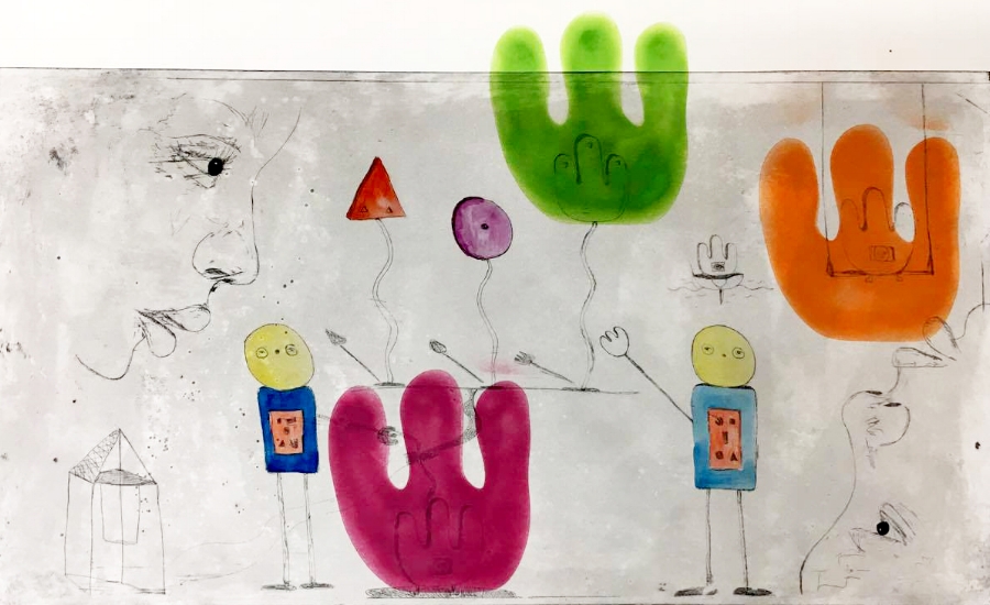 ...Simple. Hand sprayed, coloured etching, 100cm x 50cm, 2017.